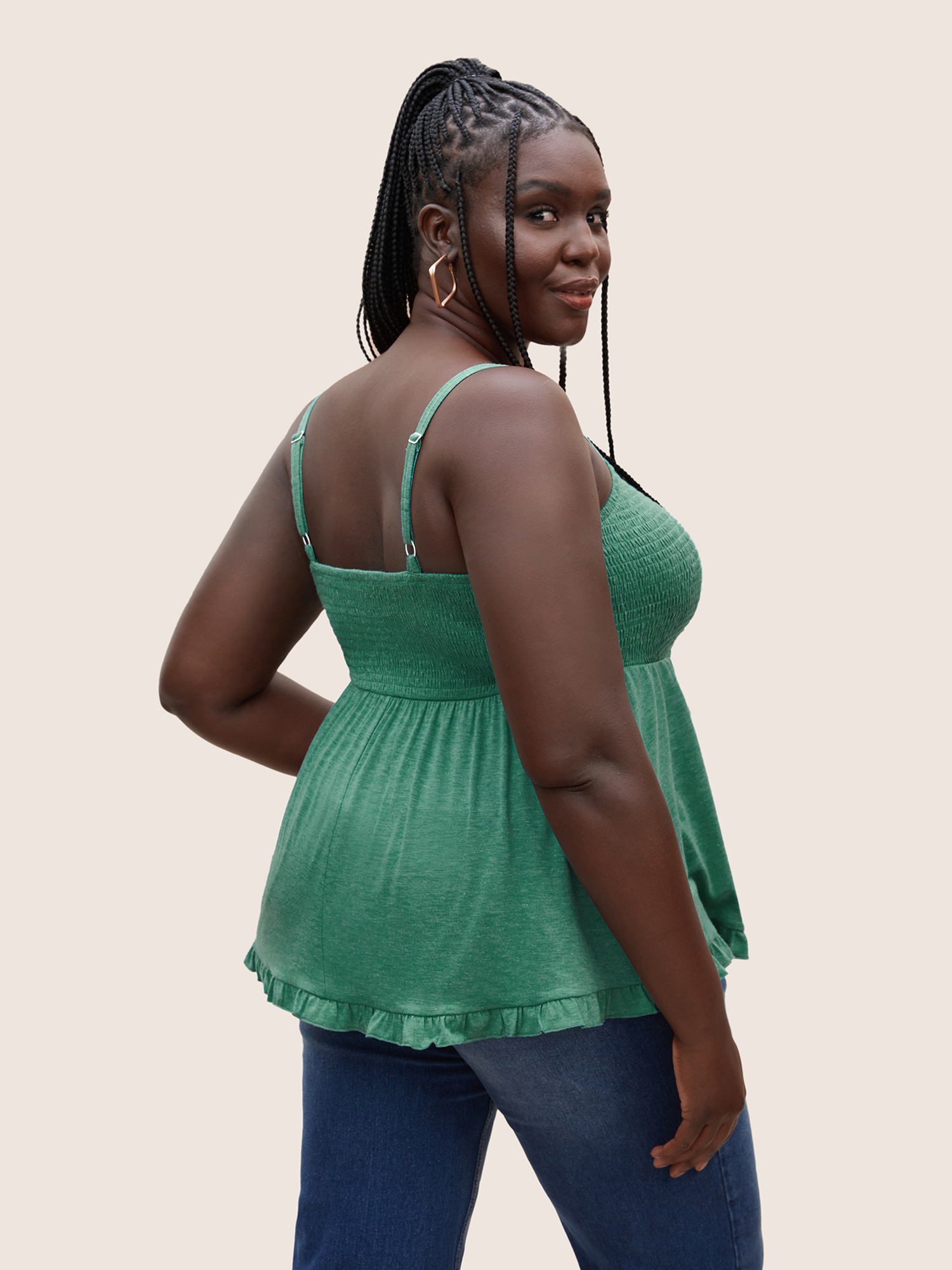 

Plus Size Solid Shirred Patchwork Frill Trim Cami Top Women Emerald Elegant Shirred Strapless Everyday Tank Tops Camis BloomChic