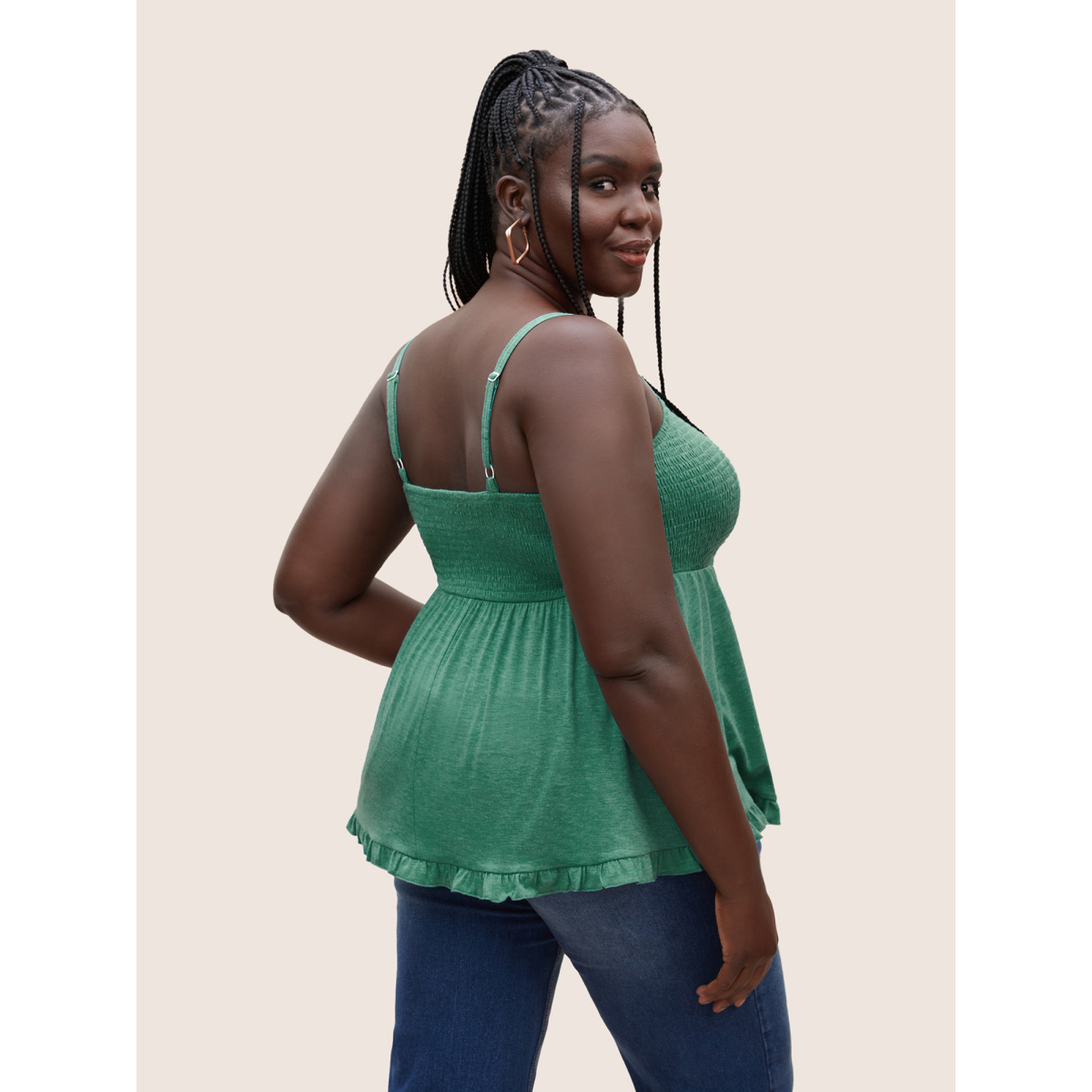

Plus Size Solid Shirred Patchwork Frill Trim Cami Top Women Emerald Elegant Shirred Strapless Everyday Tank Tops Camis BloomChic