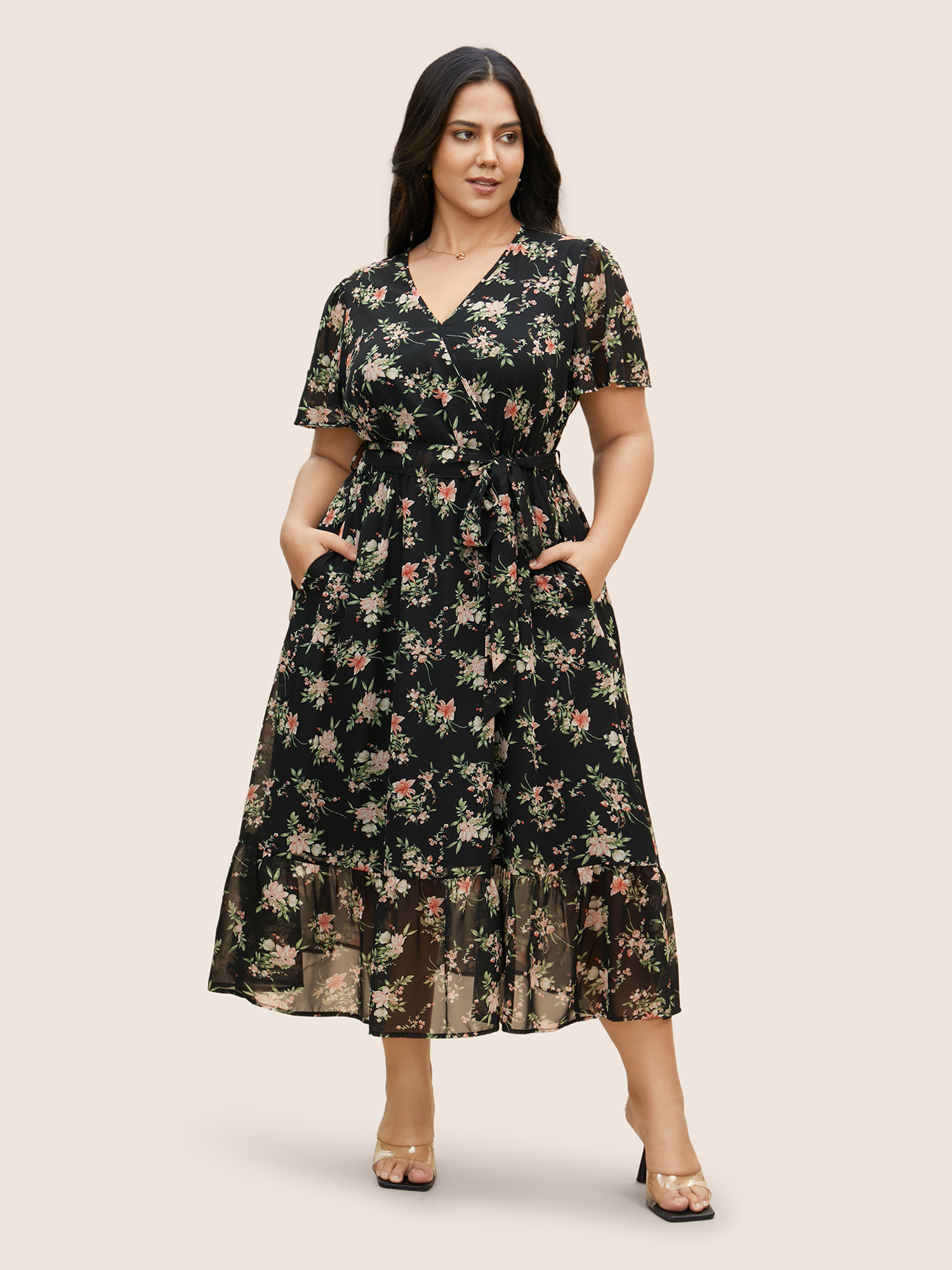 

Plus Size Surplice Neck Chiffon Floral Belted Dress Black Women Elegant See through V-neck Short sleeve Curvy BloomChic