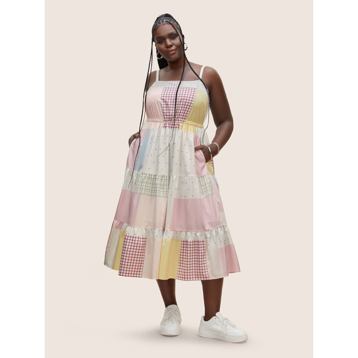 

Plus Size Colorblock Contrast Elastic Waist Cami Dress Multicolor Women Square Neck Sleeveless Curvy BloomChic