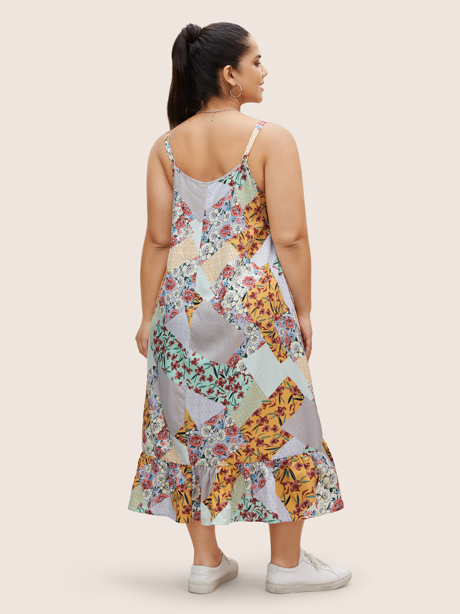 

Plus Size Floral Colorblock Contrast Button Detail Cami Dress Multicolor Women Non Sleeveless Curvy BloomChic