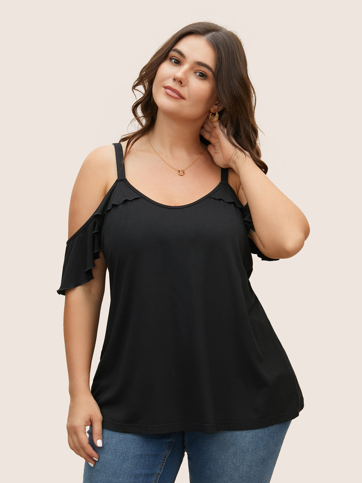 

Plus Size Plain Cold Shoulder Ruffle Trim T-shirt Black One-shoulder neck Short sleeve Elegant Jersey Tops