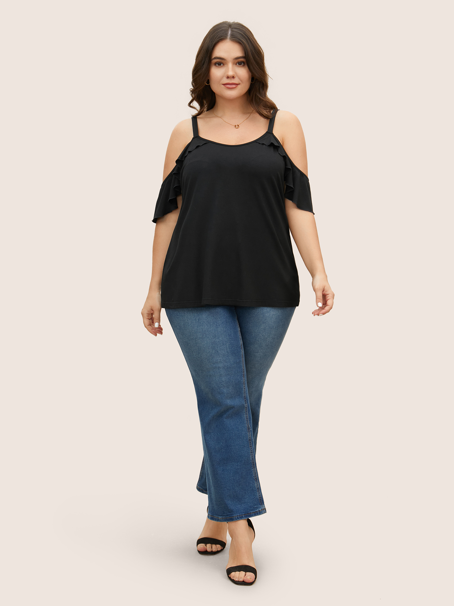 

Plus Size Plain Cold Shoulder Ruffle Trim T-shirt Black One-shoulder neck Short sleeve Elegant Jersey Tops