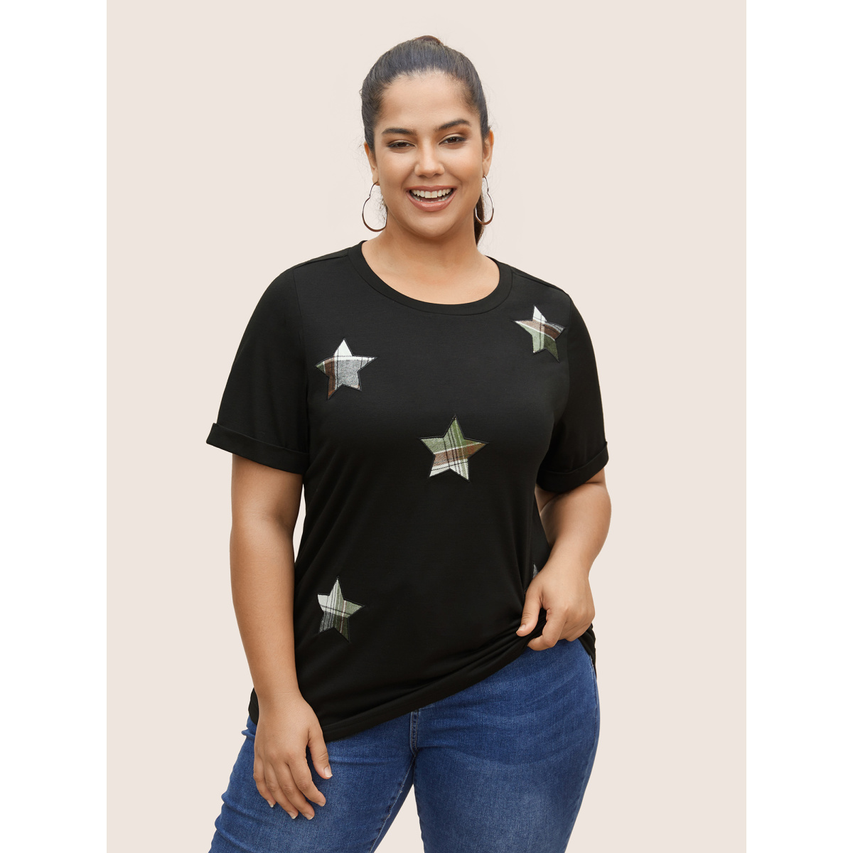 

Plus Size Star Embroidered Patch Round Neck T-shirt Black Women Casual Contrast Star and moon Round Neck Everyday T-shirts BloomChic