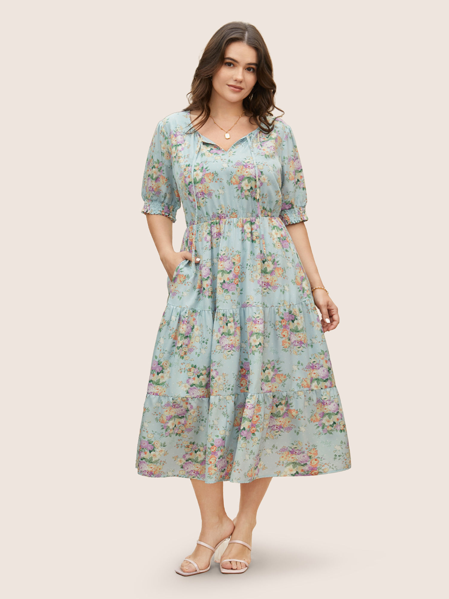 

Plus Size Floral Shirred Tie Knot Lantern Sleeve Dress LightBlue Women Elegant Tie knot Notched collar Half Sleeve Curvy BloomChic