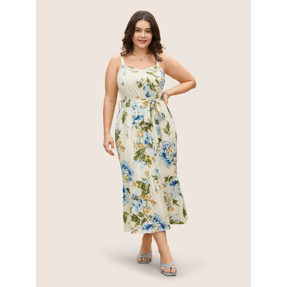 

Plus Size Floral Print Belted Patchwork Ruffles Cami Dress Multicolor Women Square Neck Sleeveless Curvy BloomChic