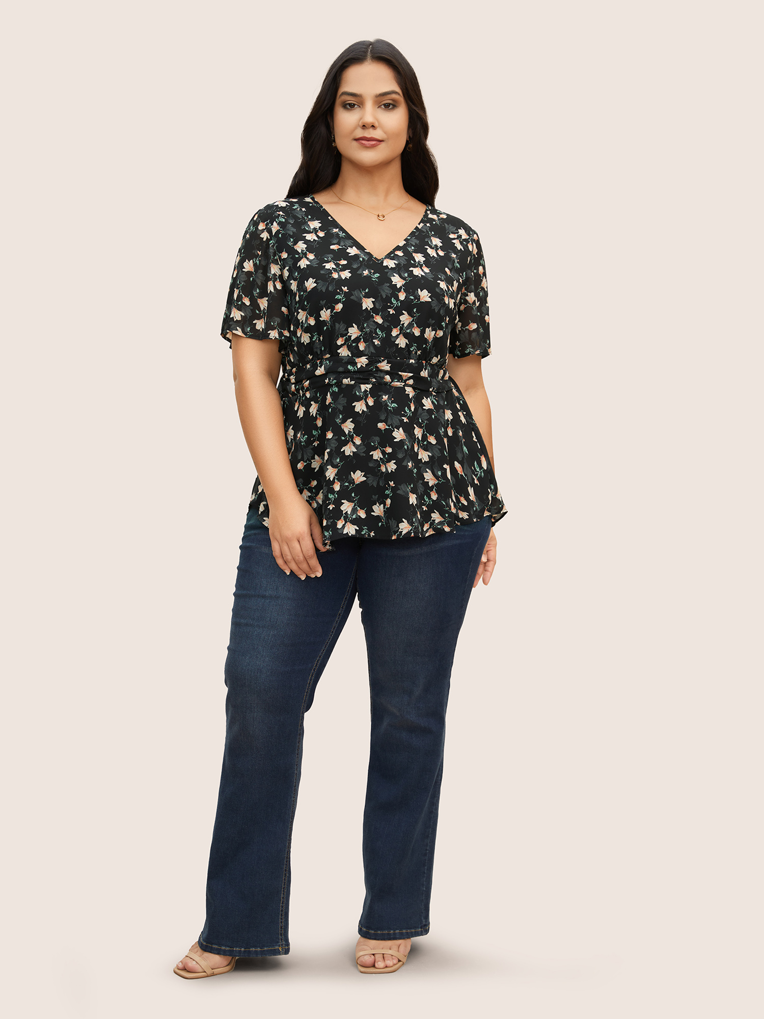 Plus Size Black V Neck Chiffon Floral Ruched Blouse Women Elegant Short sleeve V-neck Everyday Blouses BloomChic 18-20/2X 