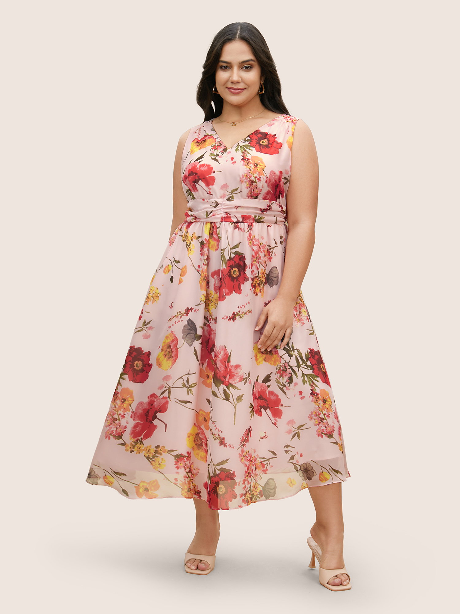 

Plus Size V Neck Floral Ruched Sleeveless Dress Blush Women Elegant V-neck Sleeveless Curvy BloomChic