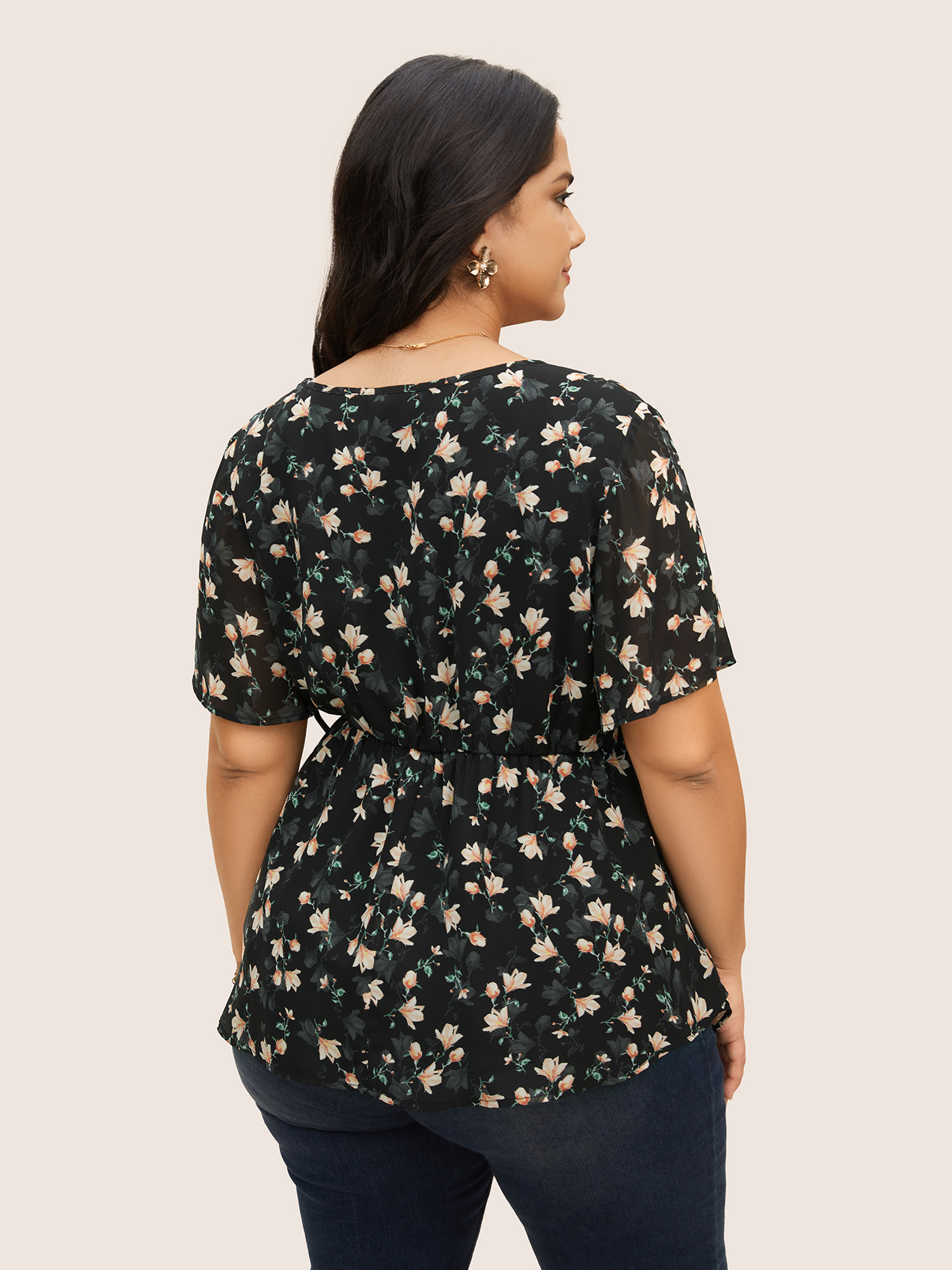 Plus Size Black V Neck Chiffon Floral Ruched Blouse Women Elegant Short sleeve V-neck Everyday Blouses BloomChic 18-20/2X 