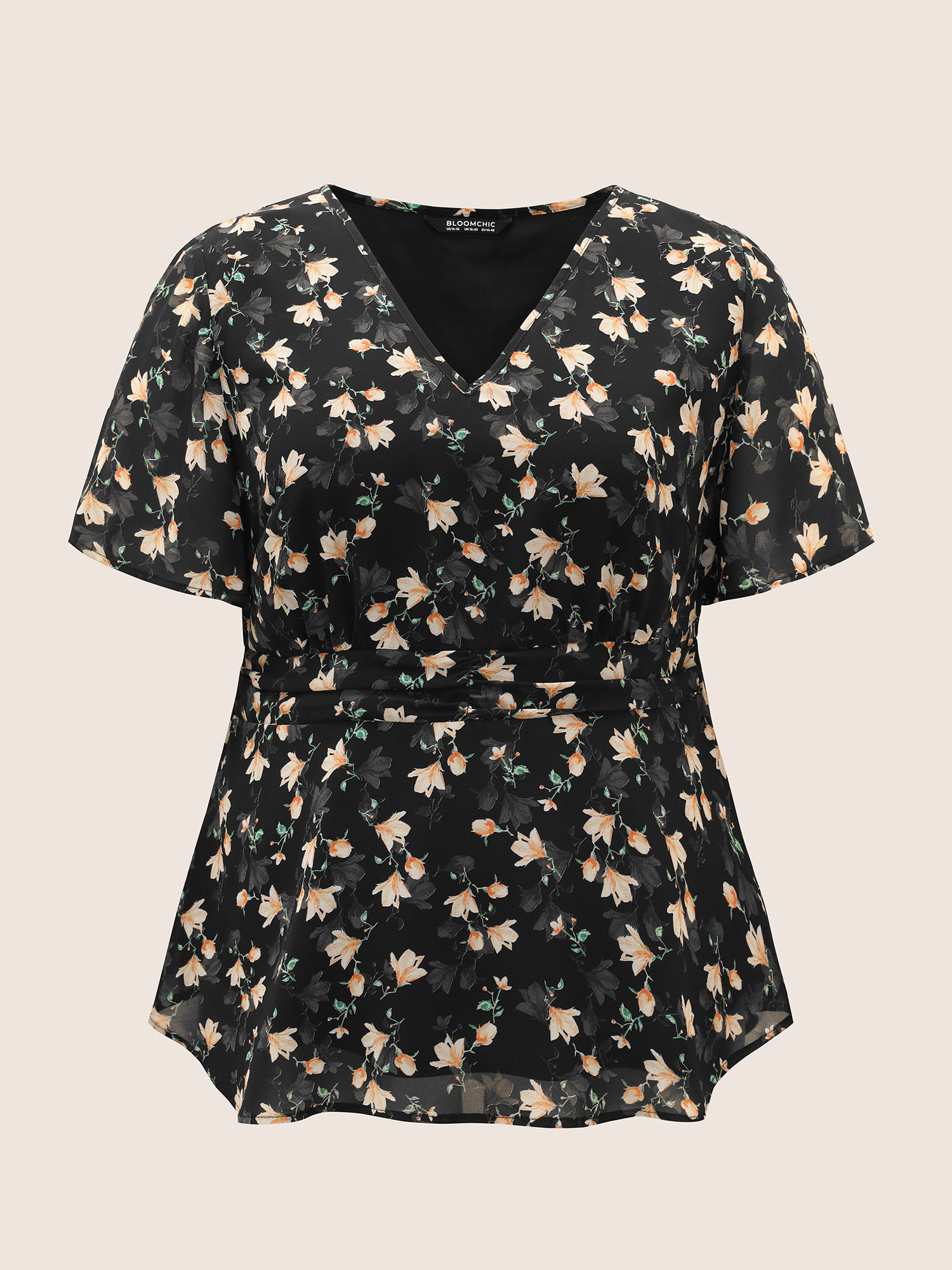 Plus Size Black V Neck Chiffon Floral Ruched Blouse Women Elegant Short sleeve V-neck Everyday Blouses BloomChic 18-20/2X 