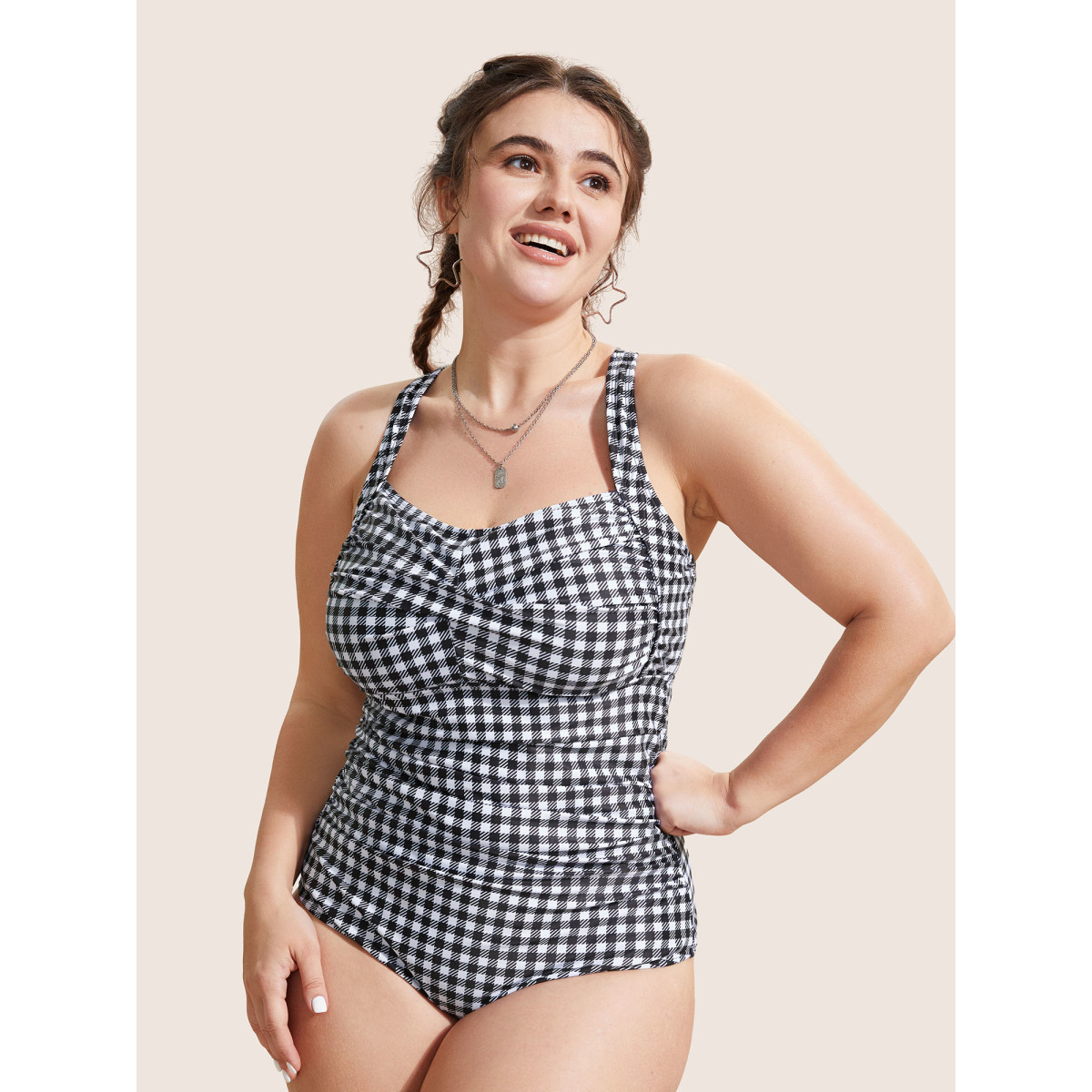 

Plus Size Gingham Heart Neckline Crossover One Piece Swimsuit Women's Swimwear Black Beach Twist Curve Bathing Suits High stretch One Pieces BloomChic
