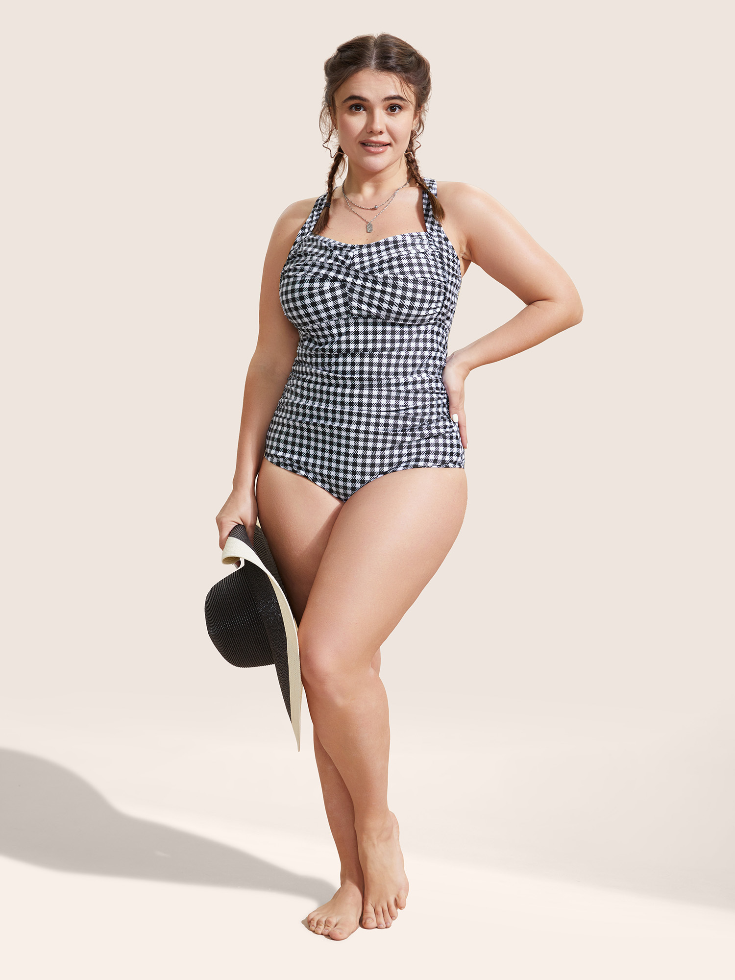 

Plus Size Gingham Heart Neckline Crossover One Piece Swimsuit Women's Swimwear Black Beach Twist Curve Bathing Suits High stretch One Pieces BloomChic