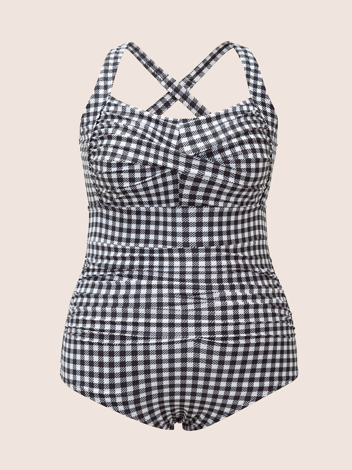 Plus Size Gingham Heart Neckline Crossover One Piece Swimsuit Women`s Swimwear Black Beach Twist Curve Bathing Suits High stretch One Pieces BloomChic 28/5X 