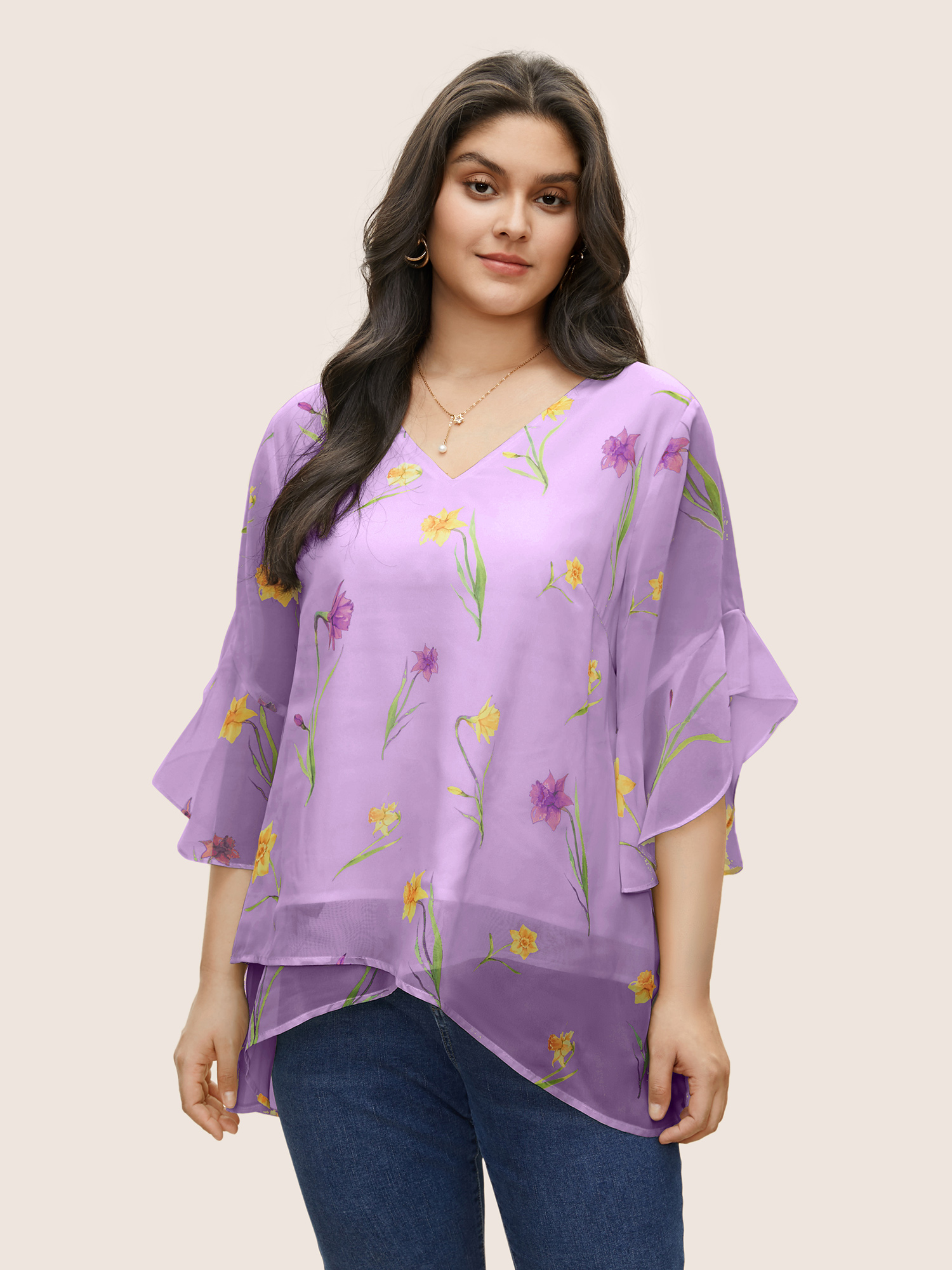 

Plus Size Heather Floral Tiered Mesh Asymmetrical Hem Blouse Women Elegant Half Sleeve V-neck Everyday Blouses BloomChic