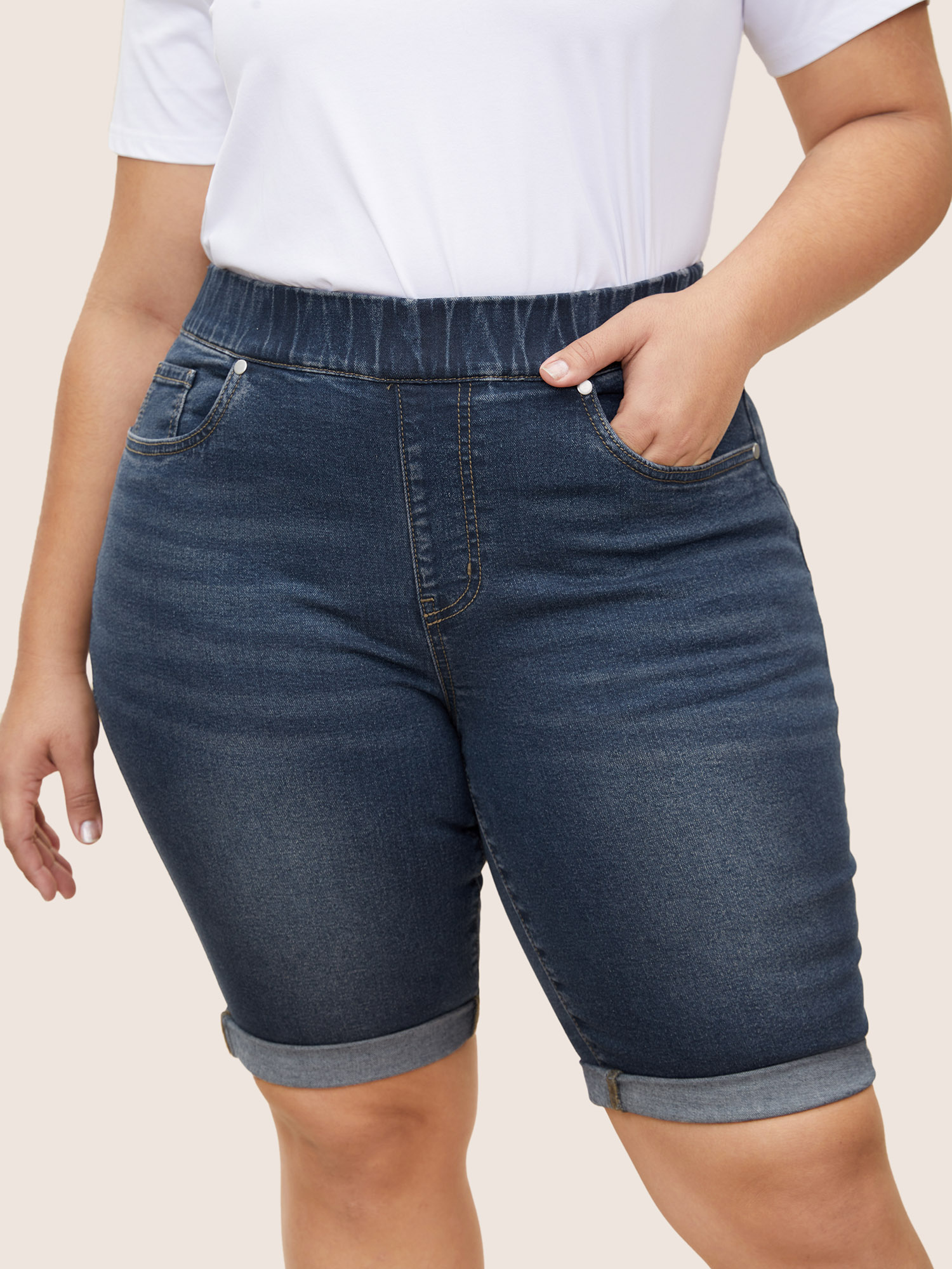 Plus Size Roll Hem Elastic Waist Dark Wash Denim Shorts Women Stone Roll Hem High stretch Everyday Slanted pocket Casual Denim Shorts BloomChic 30/6X 