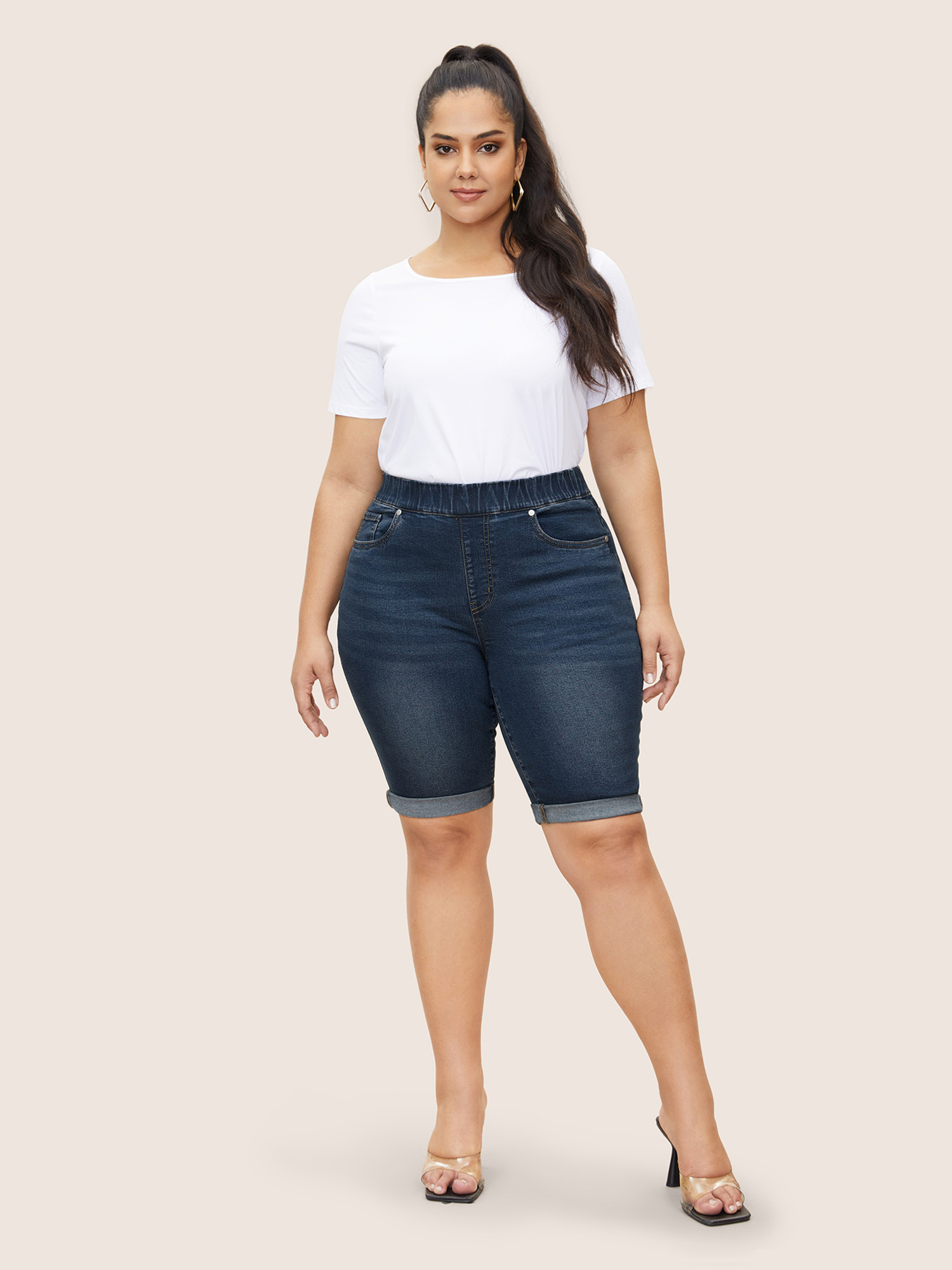 Plus Size Roll Hem Elastic Waist Dark Wash Denim Shorts Women Stone Roll Hem High stretch Everyday Slanted pocket Casual Denim Shorts BloomChic 30/6X 