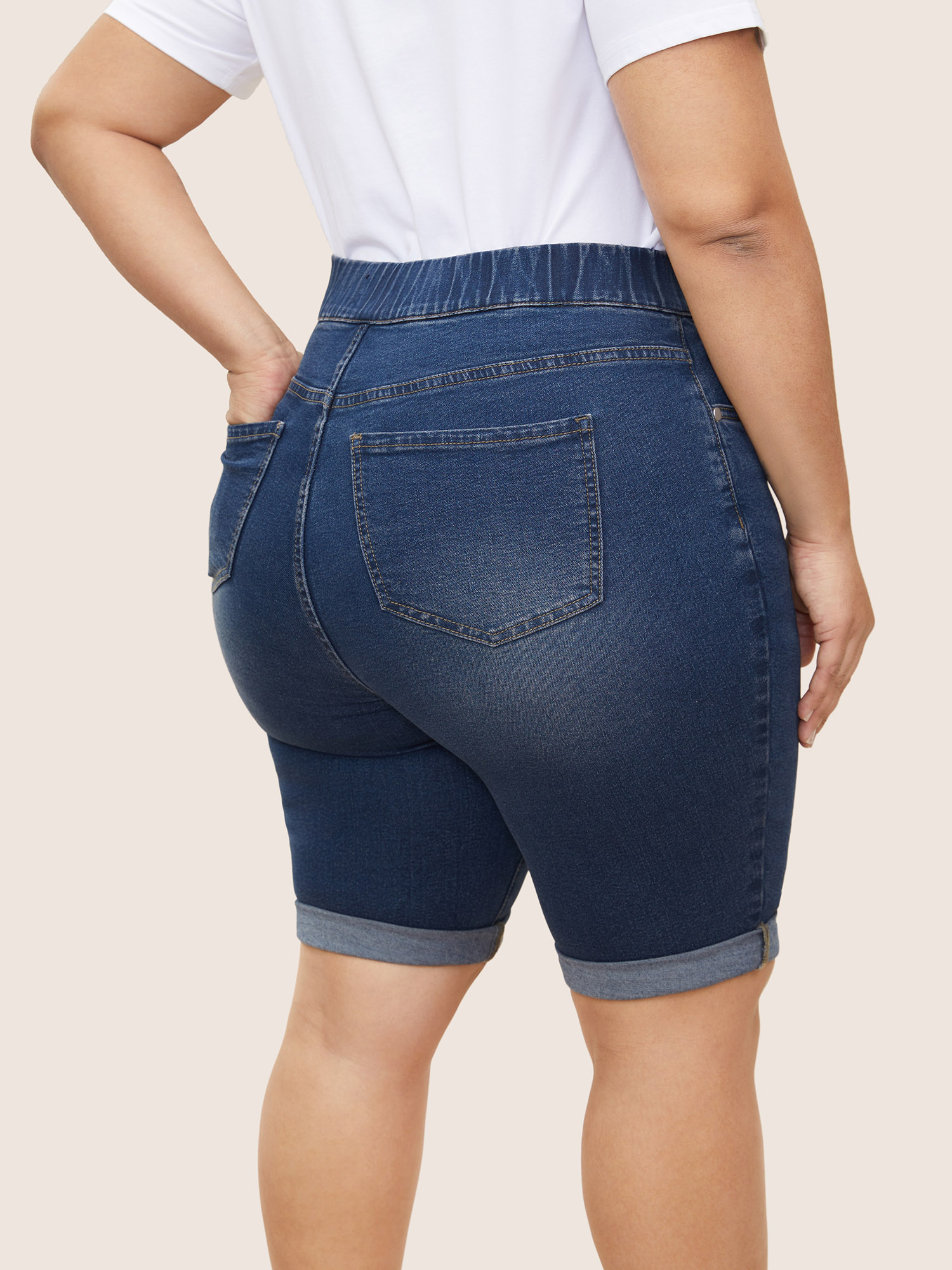 Plus Size Roll Hem Elastic Waist Dark Wash Denim Shorts Women Stone Roll Hem High stretch Everyday Slanted pocket Casual Denim Shorts BloomChic 30/6X 