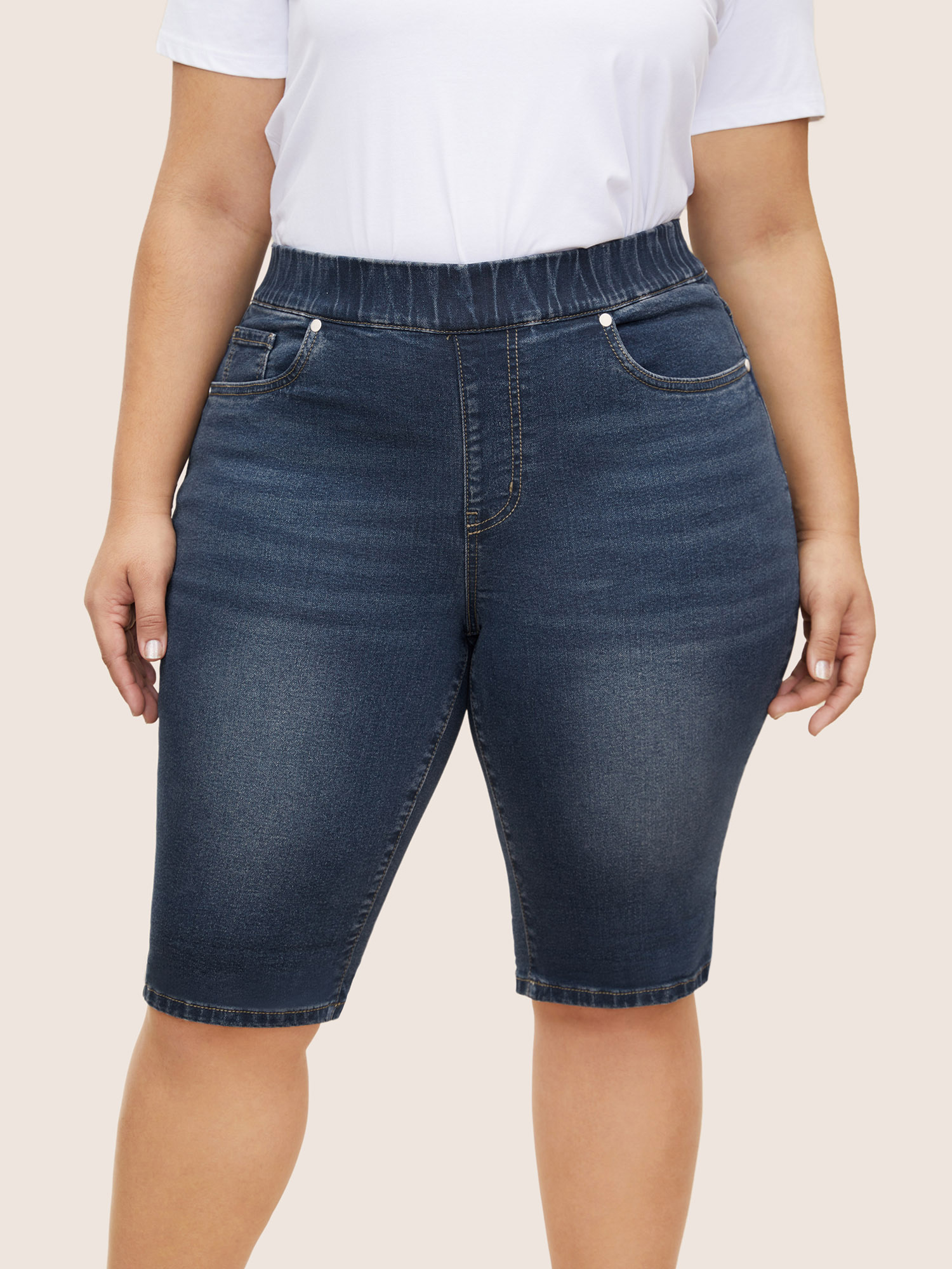 Plus Size Roll Hem Elastic Waist Dark Wash Denim Shorts Women Stone Roll Hem High stretch Everyday Slanted pocket Casual Denim Shorts BloomChic 30/6X 