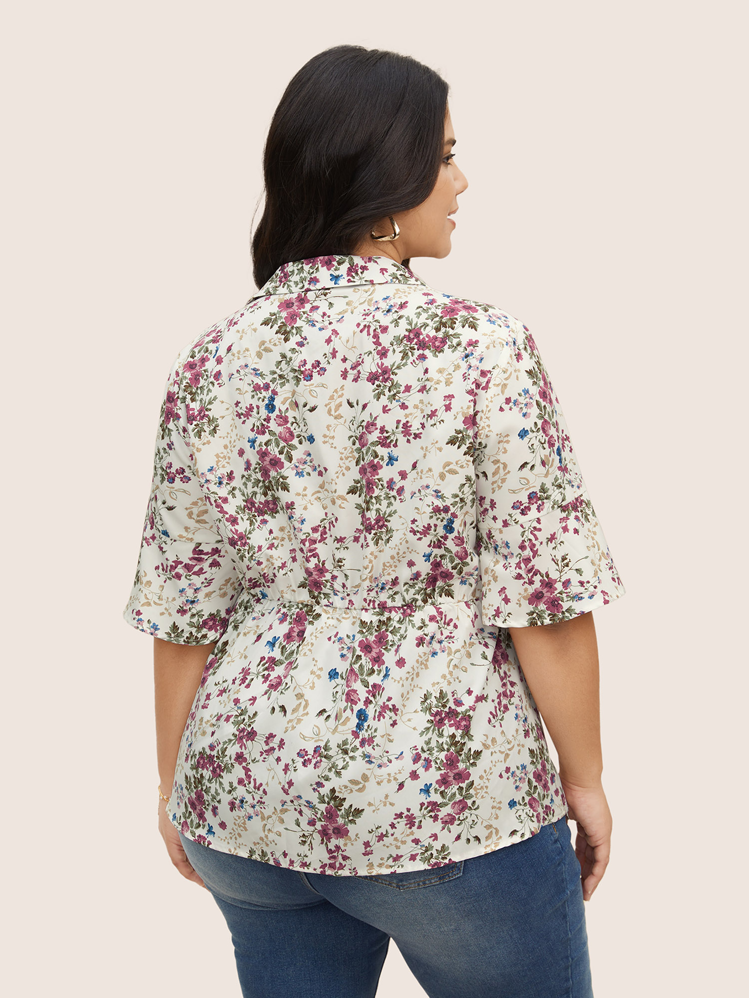 

Plus Size Originalwhite Shirt Collar Floral Button Detail Bell Sleeve Blouse Women Elegant Half Sleeve Shirt collar Everyday Blouses BloomChic