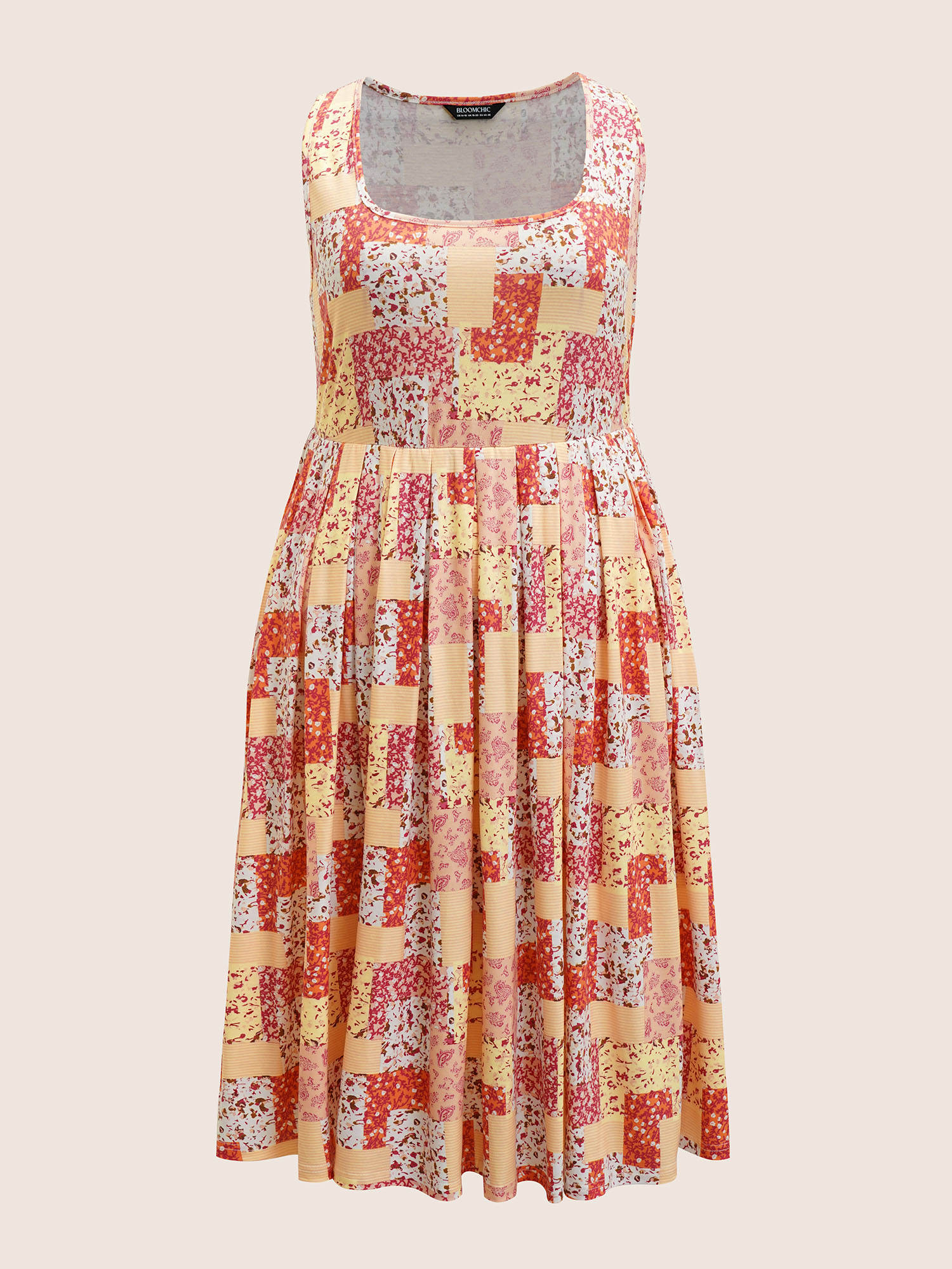 Plus Size Square Neck Patchwork Floral Pleated Dress Lightorange Women Pleated Square Neck Sleeveless Curvy BloomChic 22-24/3X 