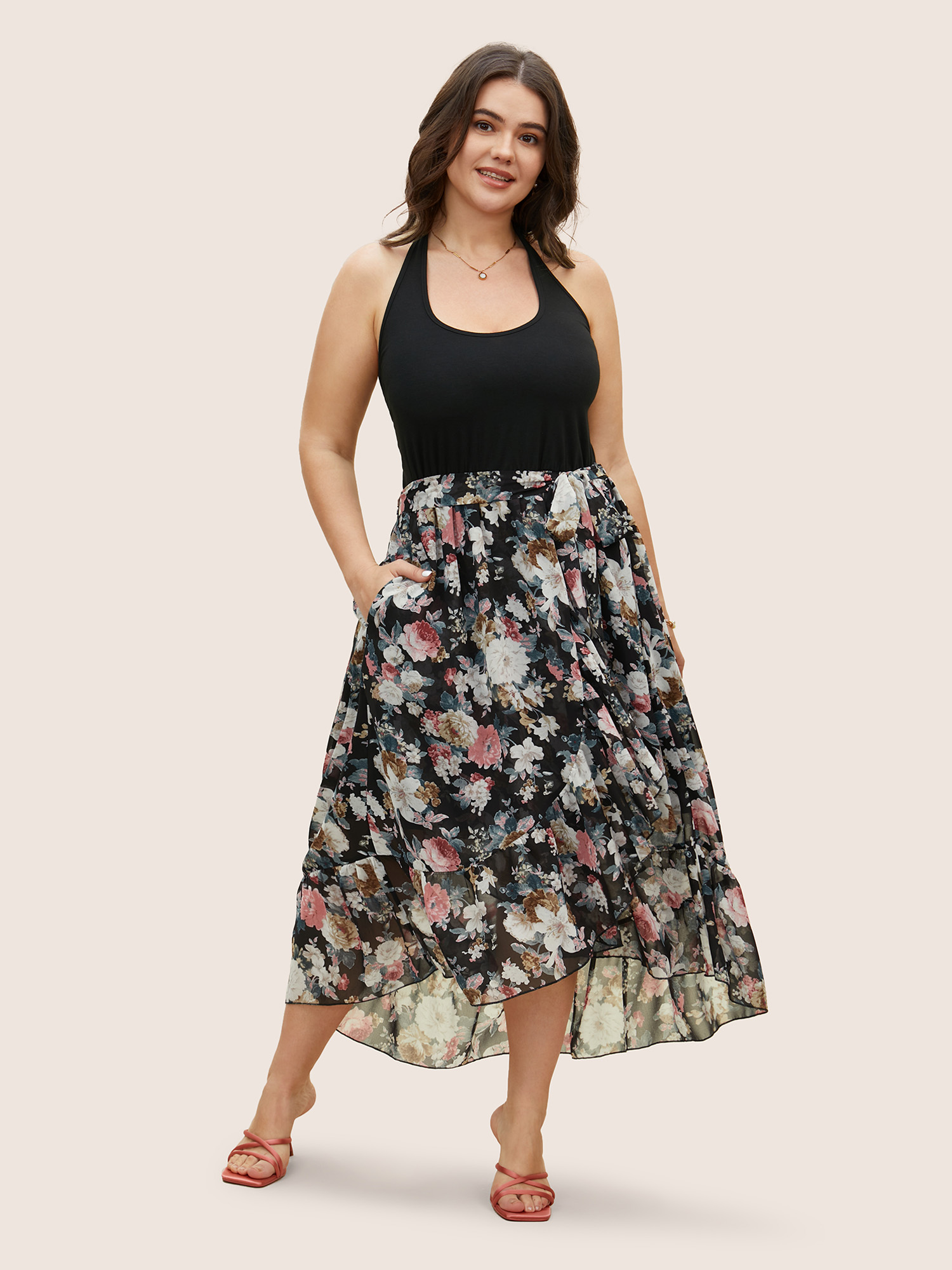 

Plus Size Halter Neck Patchwork Floral Belted Dress Black Women Elegant Halter neck Sleeveless Curvy BloomChic