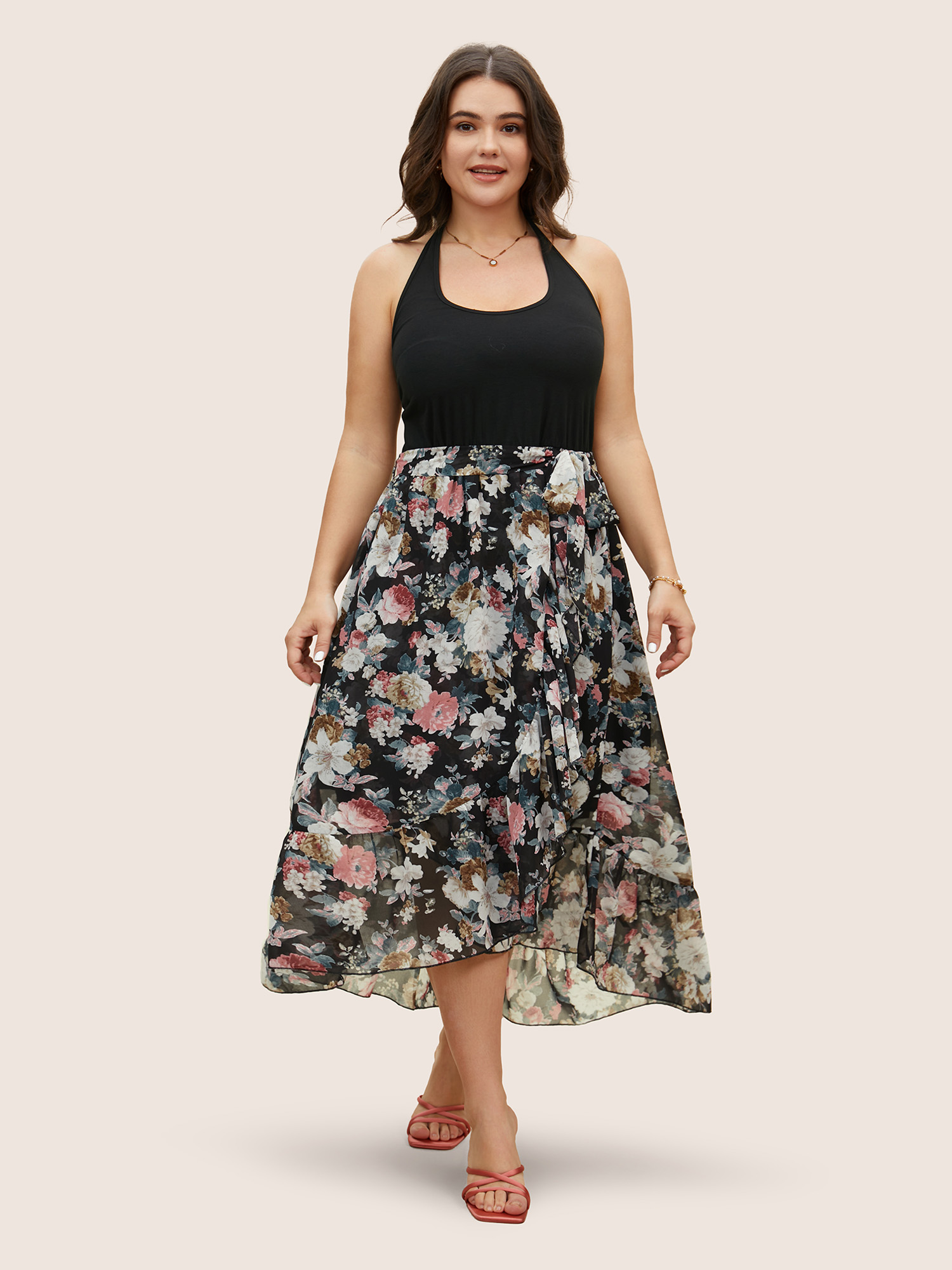 Plus Size Halter Neck Patchwork Floral Belted Dress Black Women Elegant Halter neck Sleeveless Curvy BloomChic 14-16/1X 