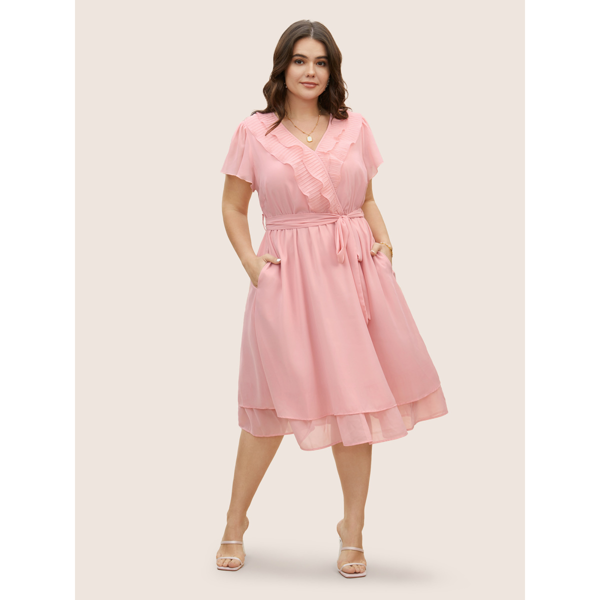 

Plus Size Solid Wrap Textured Ruffle Trim Belted Dress Crepe Women Pleated V-neck Short sleeve Curvy BloomChic