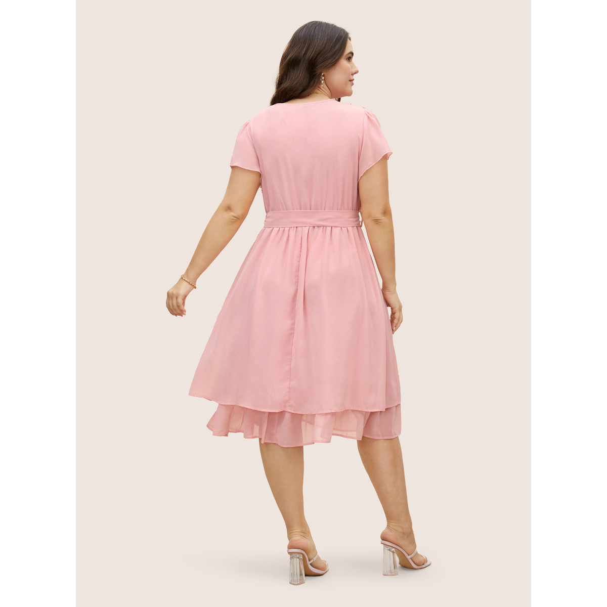 

Plus Size Solid Wrap Textured Ruffle Trim Belted Dress Crepe Women Pleated V-neck Short sleeve Curvy BloomChic