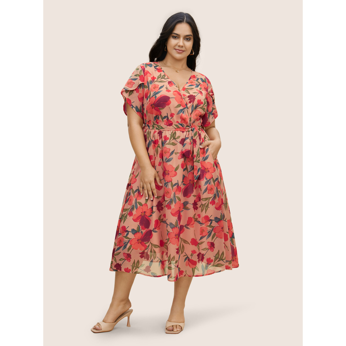 

Plus Size Watercolor Floral Patchwork Petal Sleeve Belted Dress Nudepink Women Non V-neck Short sleeve Curvy BloomChic
