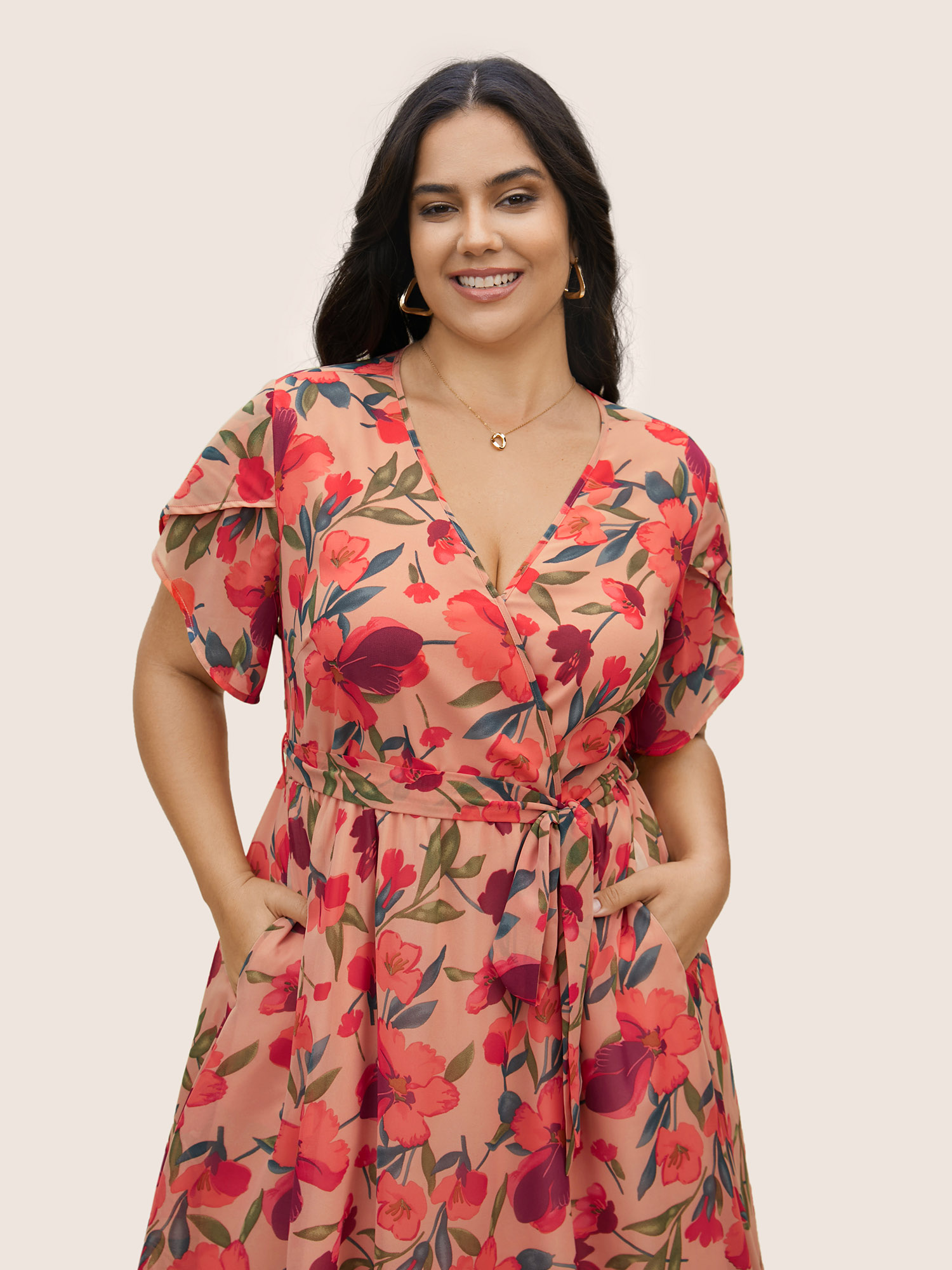 Plus Size Watercolor Floral Patchwork Petal Sleeve Belted Dress Nudepink Women Elegant Non V-neck Short sleeve Curvy BloomChic 12/L 