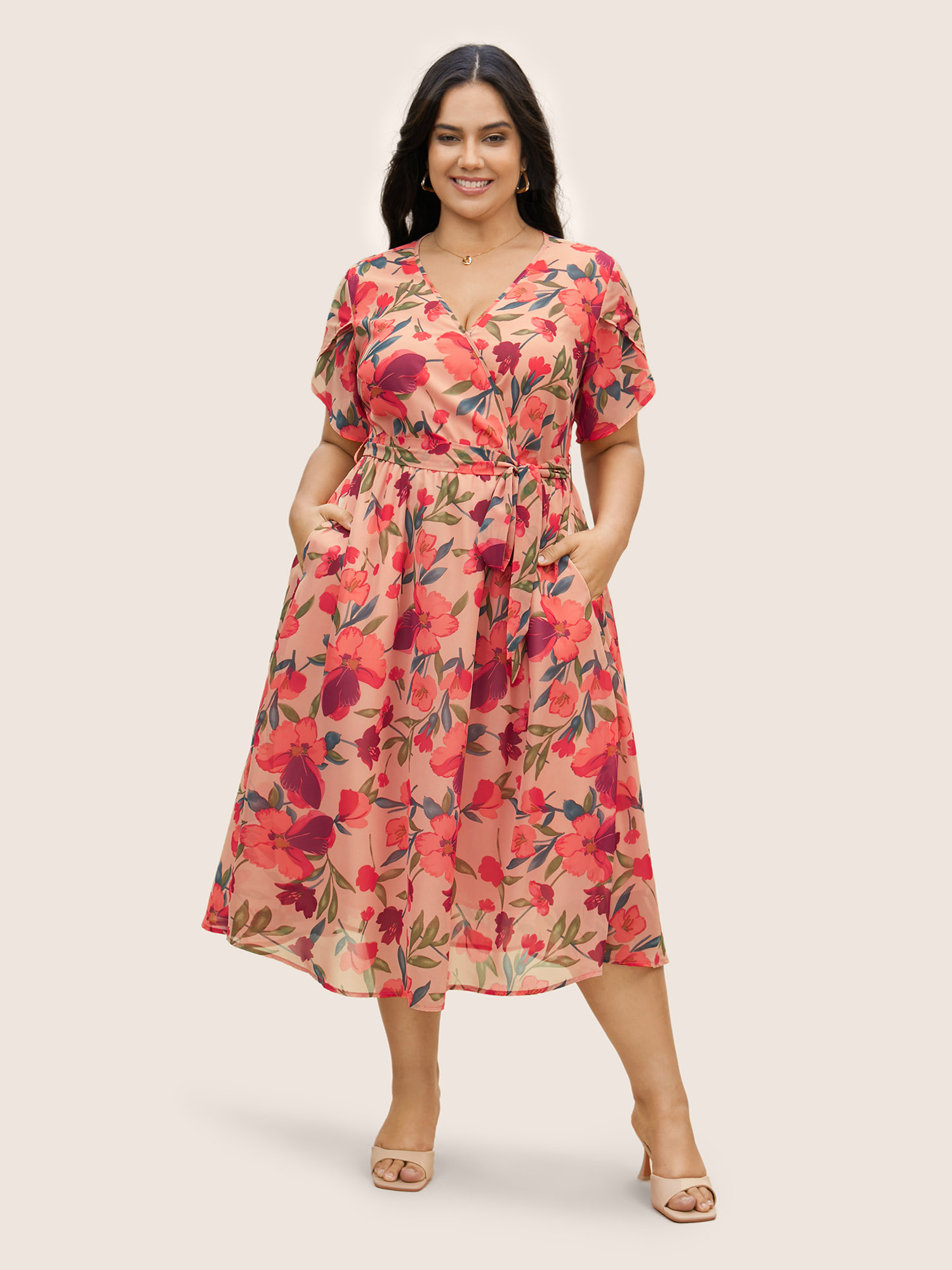 Plus Size Watercolor Floral Patchwork Petal Sleeve Belted Dress Nudepink Women Elegant Non V-neck Short sleeve Curvy BloomChic 12/L 