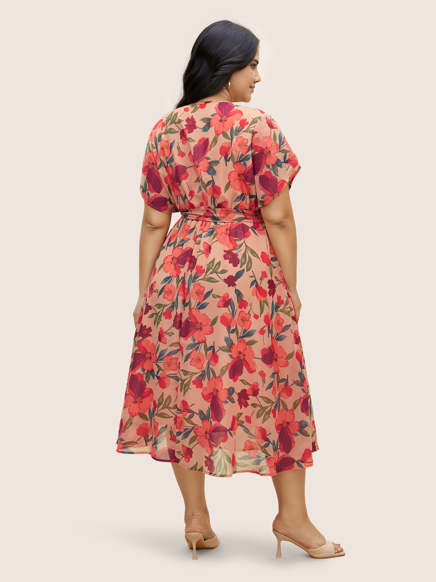 Plus Size Watercolor Floral Patchwork Petal Sleeve Belted Dress Nudepink Women Elegant Non V-neck Short sleeve Curvy BloomChic 12/L 