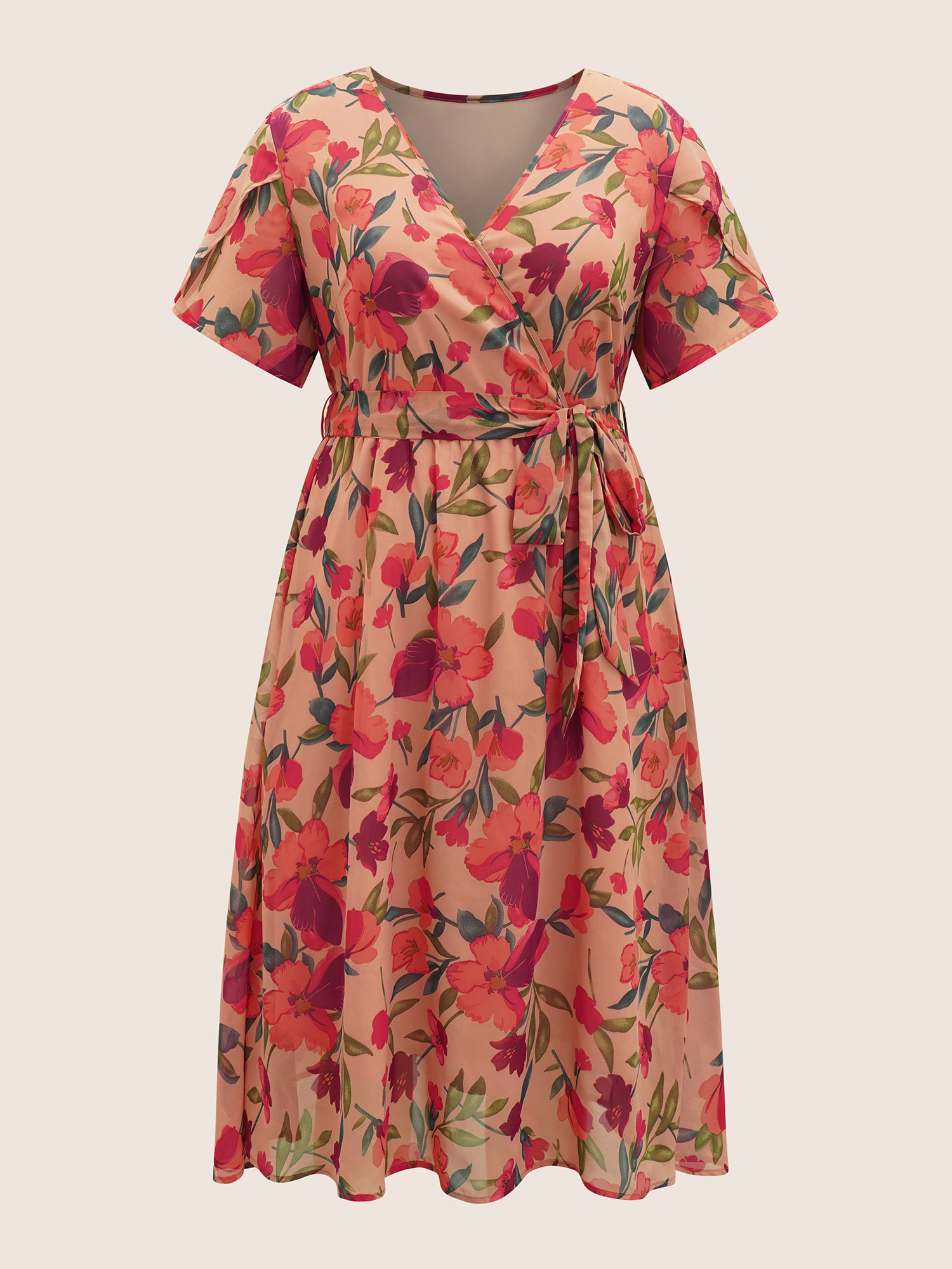 Plus Size Watercolor Floral Patchwork Petal Sleeve Belted Dress Nudepink Women Elegant Non V-neck Short sleeve Curvy BloomChic 12/L 
