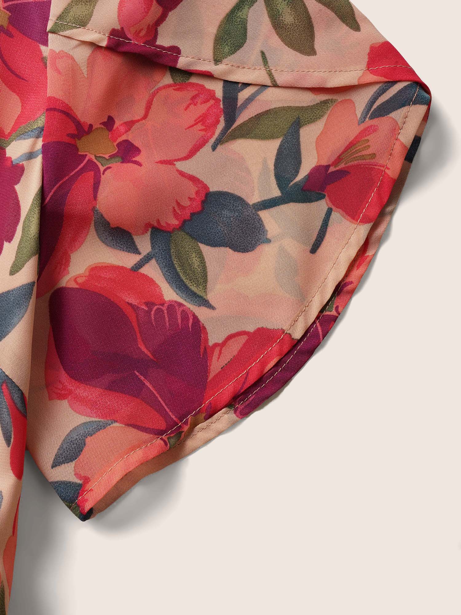 Plus Size Watercolor Floral Patchwork Petal Sleeve Belted Dress Nudepink Women Elegant Non V-neck Short sleeve Curvy BloomChic 12/L 