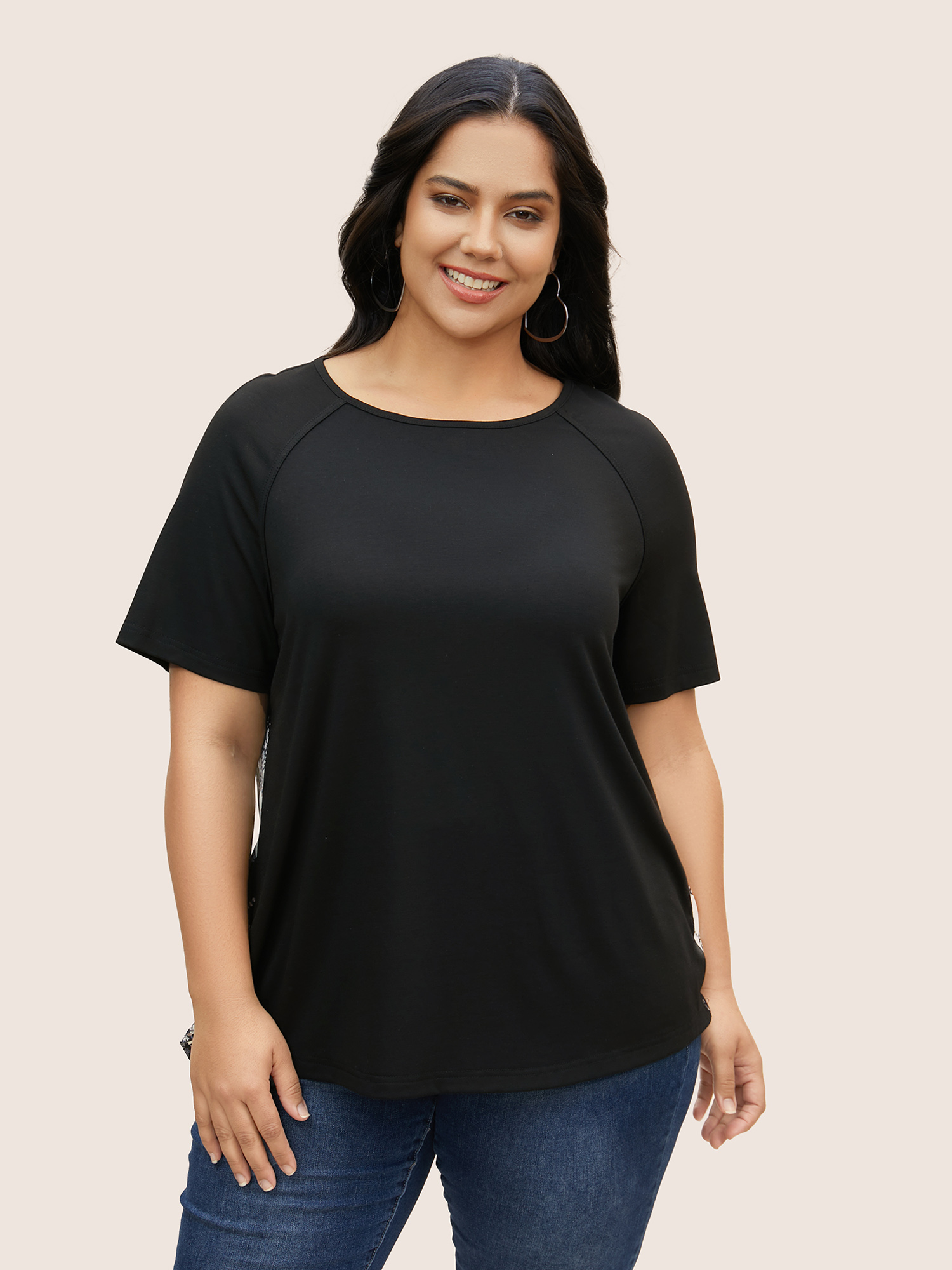 

Plus Size Solid Round Neck Raglan sleeve T-shirt Black Round Neck Short sleeve Casual Jersey Tops