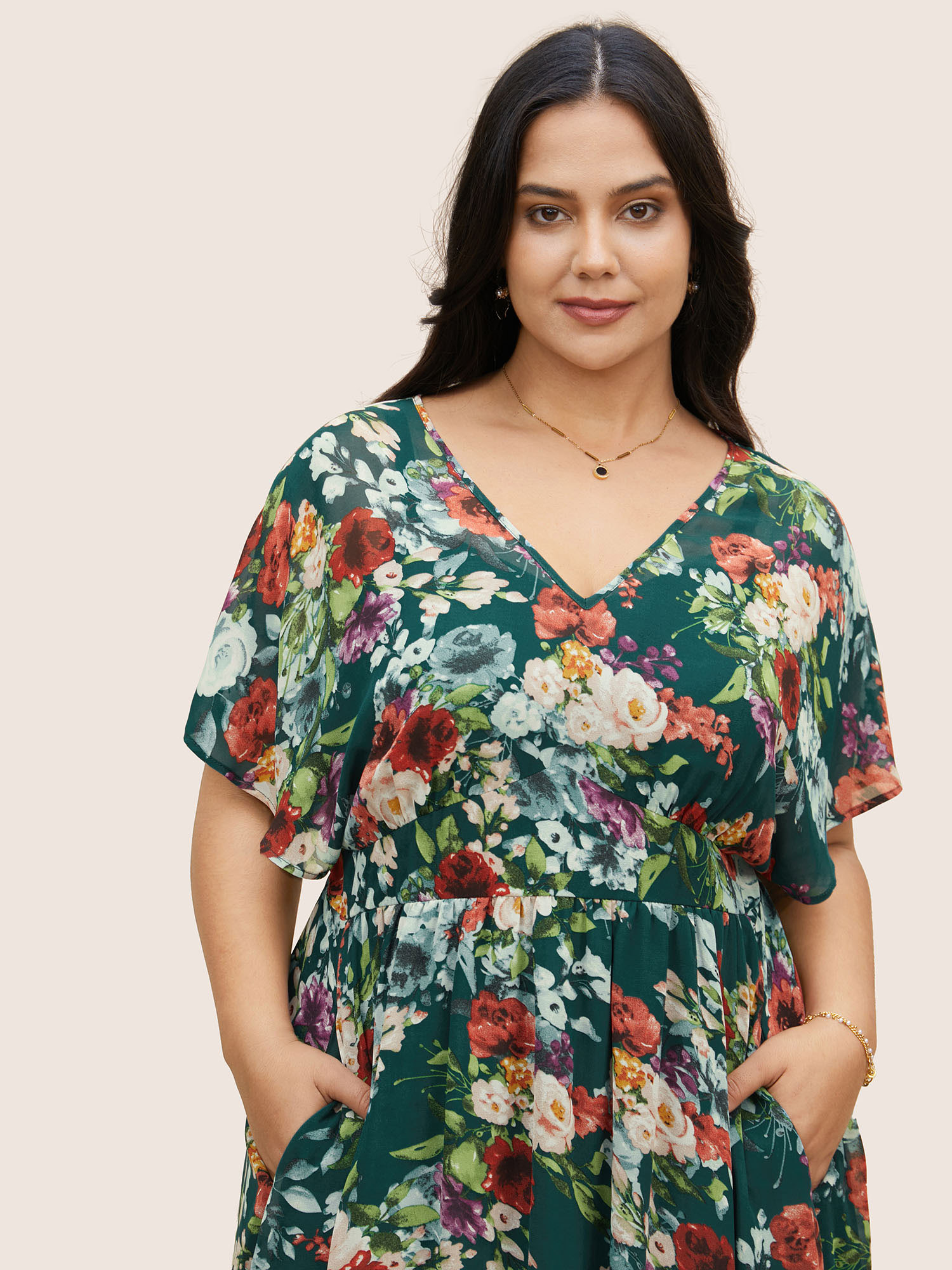 Plus Size V Neck Chiffon Floral Dolman Sleeve Dress Emerald Women V-neck Short sleeve Curvy BloomChic 10/M 