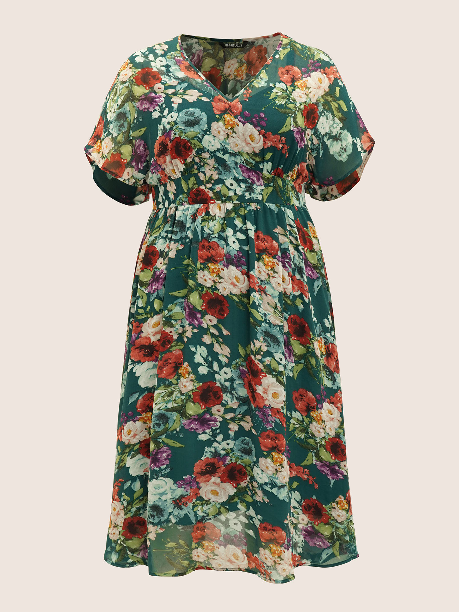 Plus Size V Neck Chiffon Floral Dolman Sleeve Dress Emerald Women V-neck Short sleeve Curvy BloomChic 10/M 