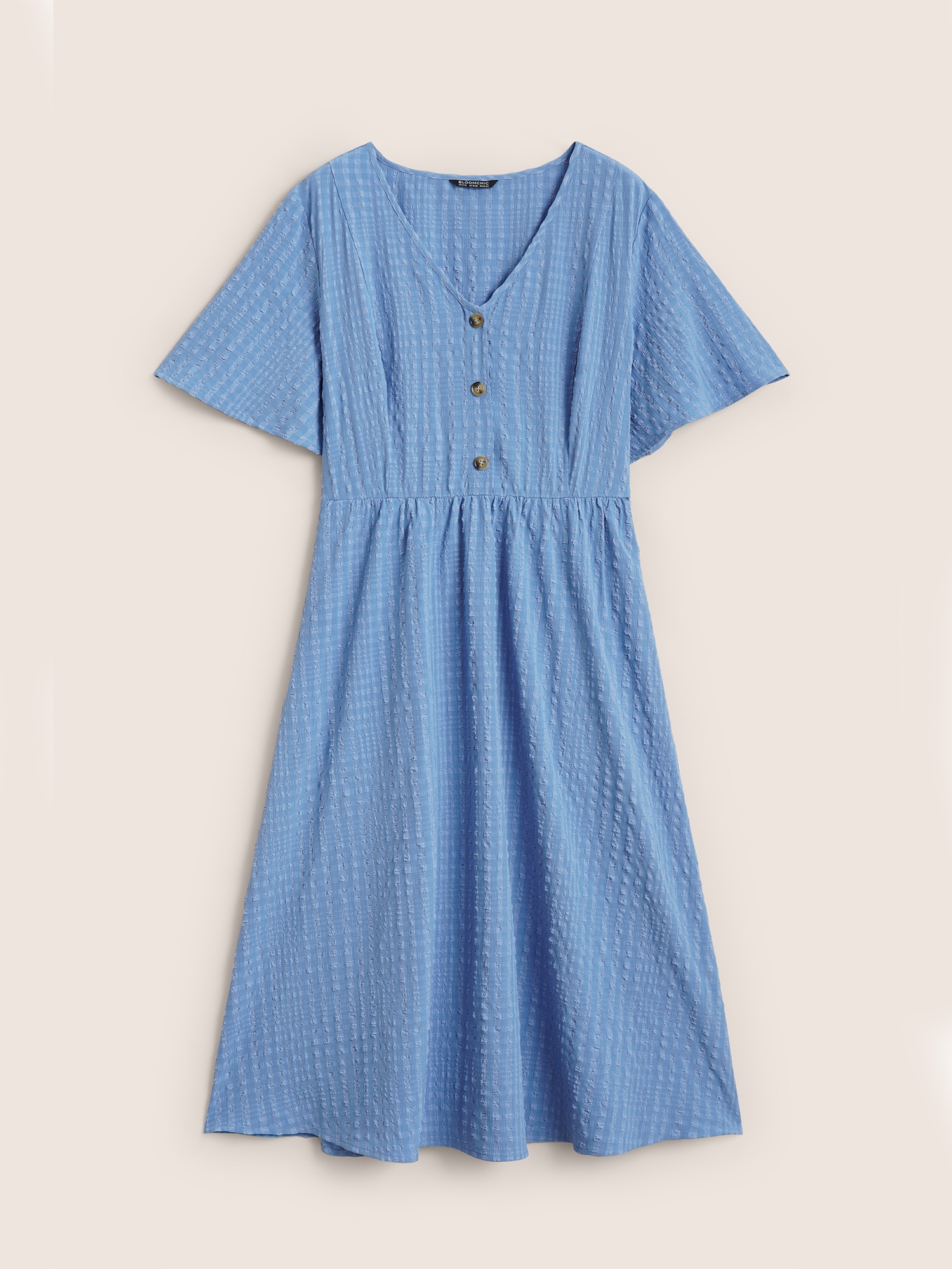 Plus Size Solid Textured Jacquard Pocket Dress Cerulean Women Casual Texture V-neck Short sleeve Curvy BloomChic 14-16/1X 