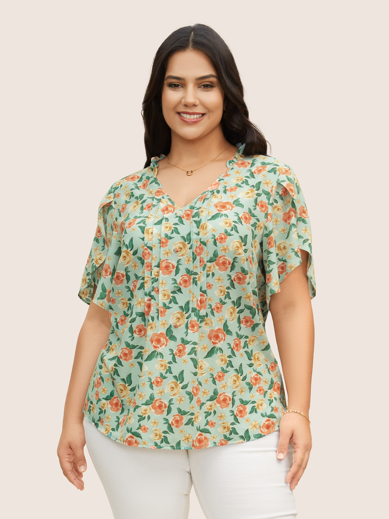 

Plus Size Palemauve Rose Print Pleated Petal Sleeve Blouse Women Elegant Short sleeve V-neck Everyday Blouses BloomChic