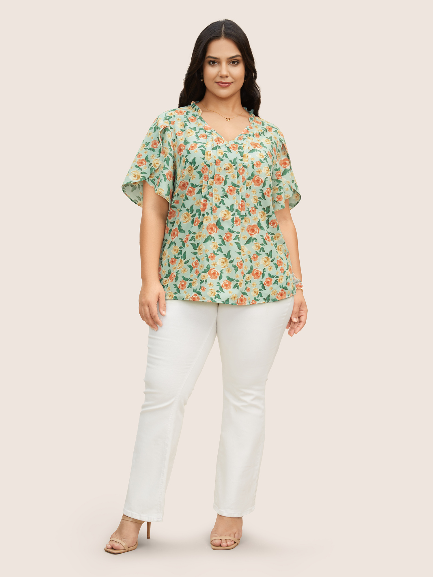 Plus Size Palemauve Rose Print Pleated Petal Sleeve Blouse Women Elegant Short sleeve V-neck Everyday Blouses BloomChic 12/L 