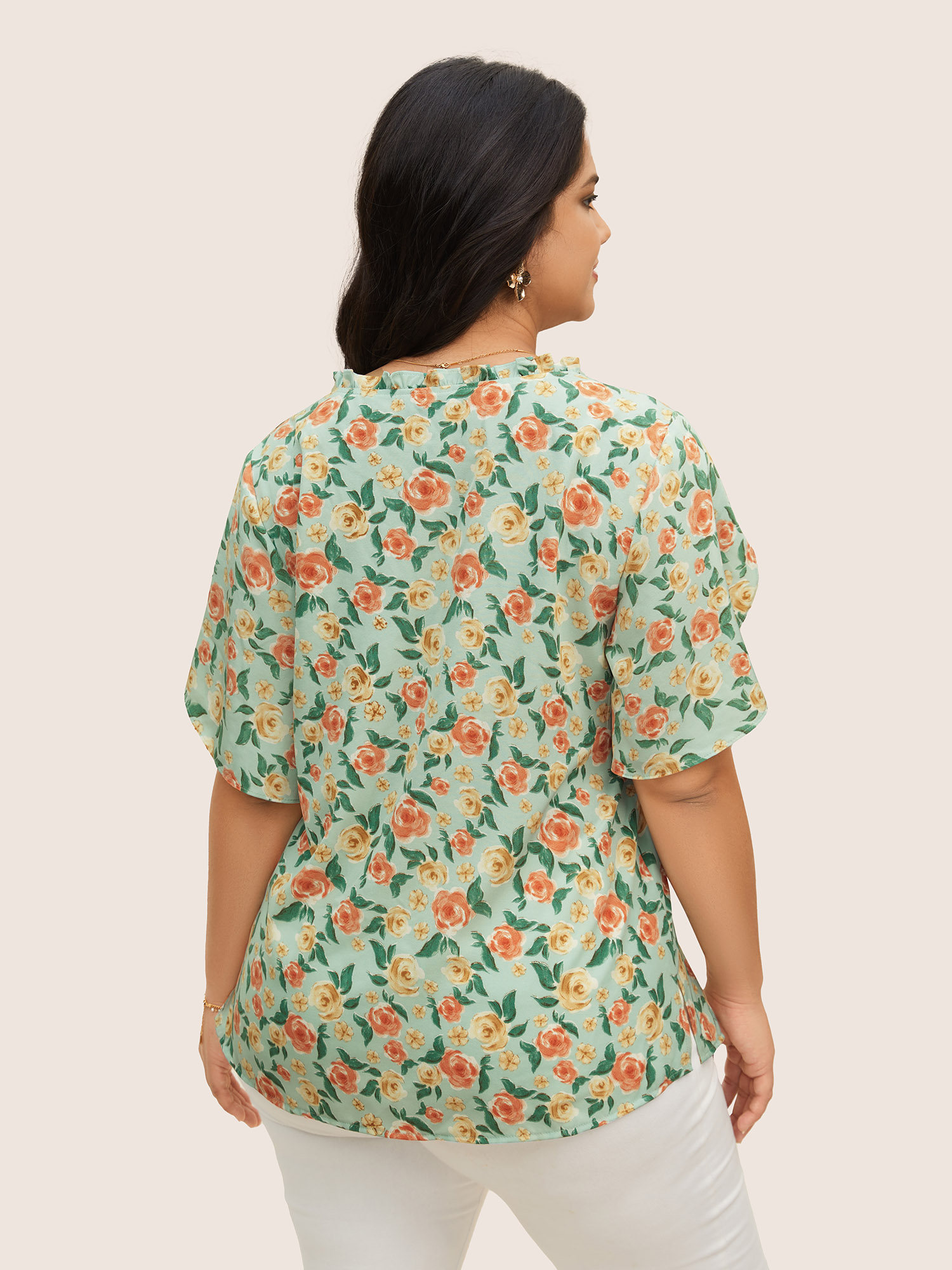 Plus Size Palemauve Rose Print Pleated Petal Sleeve Blouse Women Elegant Short sleeve V-neck Everyday Blouses BloomChic 12/L 