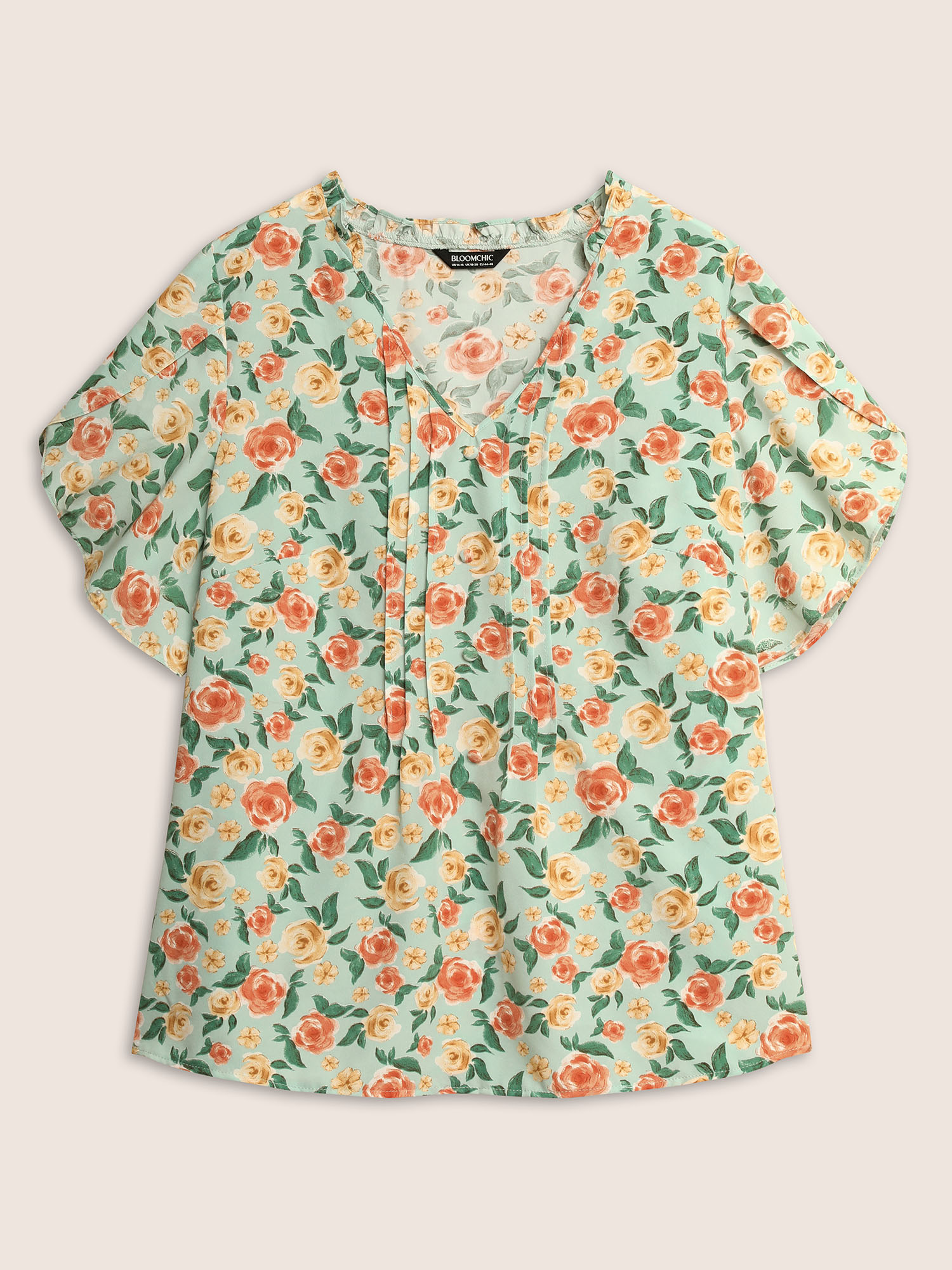 Plus Size Palemauve Rose Print Pleated Petal Sleeve Blouse Women Elegant Short sleeve V-neck Everyday Blouses BloomChic 12/L 