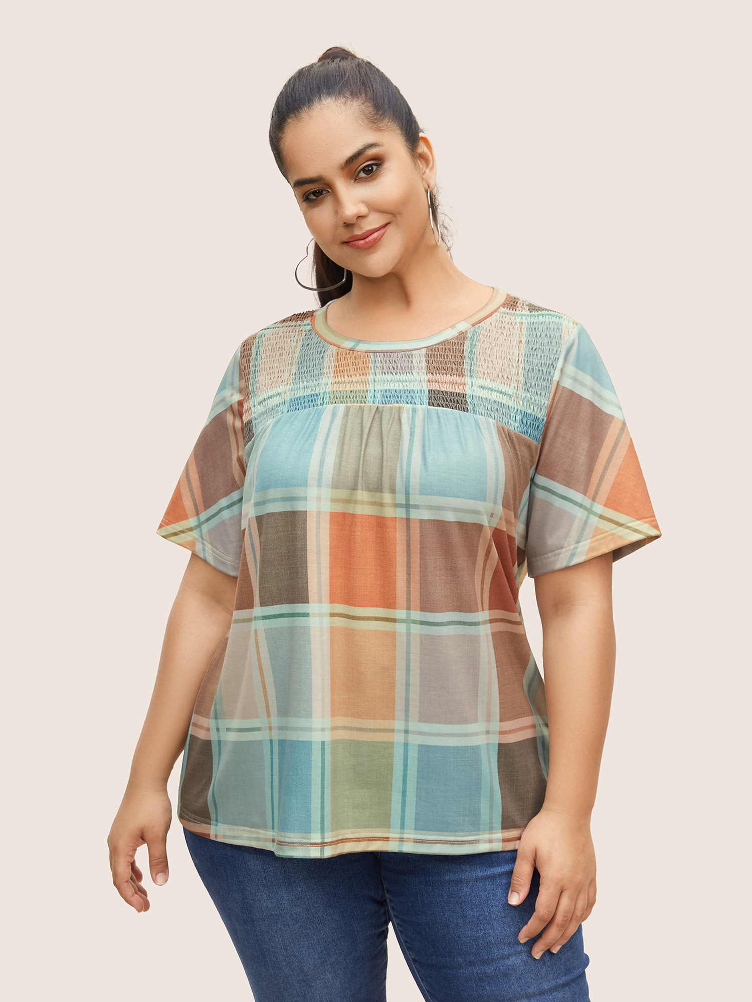 

Colorblock Plaid Contrast Shirred T-shirt, Multicolor