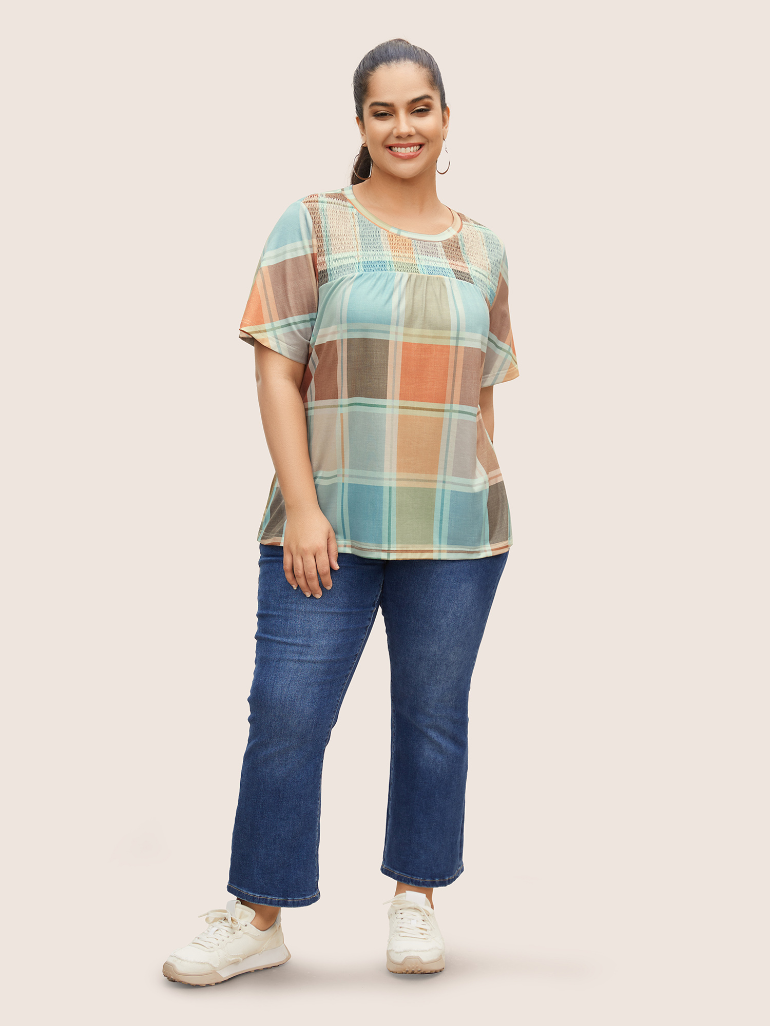 Plus Size Colorblock Plaid Contrast Shirred T-shirt Multicolor Women Casual Contrast Round Neck Everyday T-shirts BloomChic 28/5X 