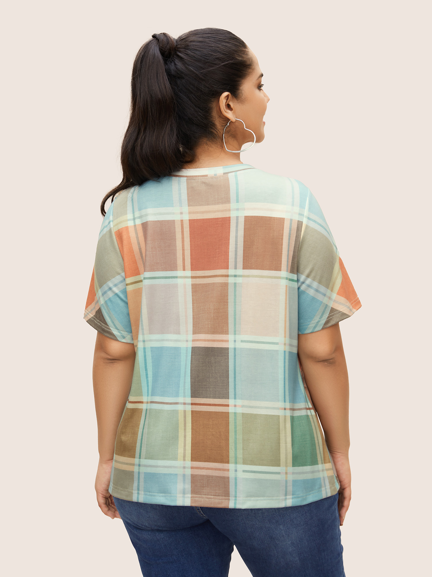Plus Size Colorblock Plaid Contrast Shirred T-shirt Multicolor Women Casual Contrast Round Neck Everyday T-shirts BloomChic 28/5X 