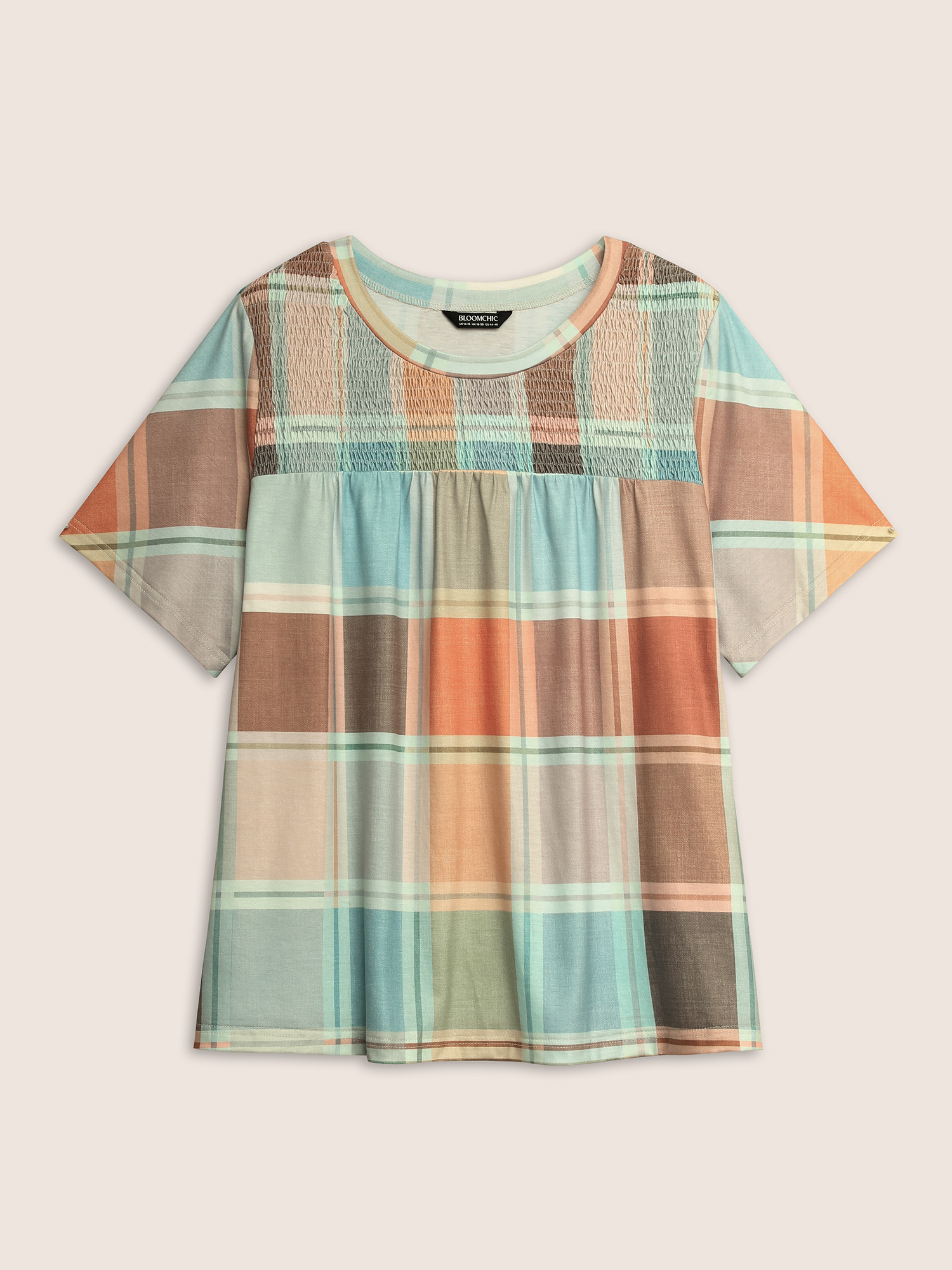 

Plus Size Colorblock Plaid Contrast Shirred T-shirt Multicolor Round Neck Short sleeve Casual Jersey Tops