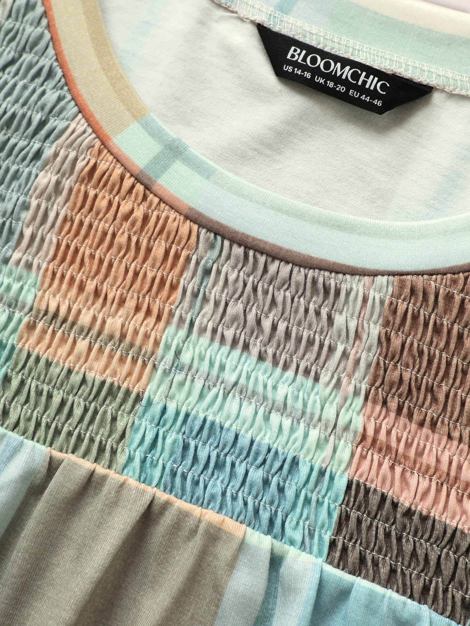 Plus Size Colorblock Plaid Contrast Shirred T-shirt Multicolor Women Casual Contrast Round Neck Everyday T-shirts BloomChic 28/5X 