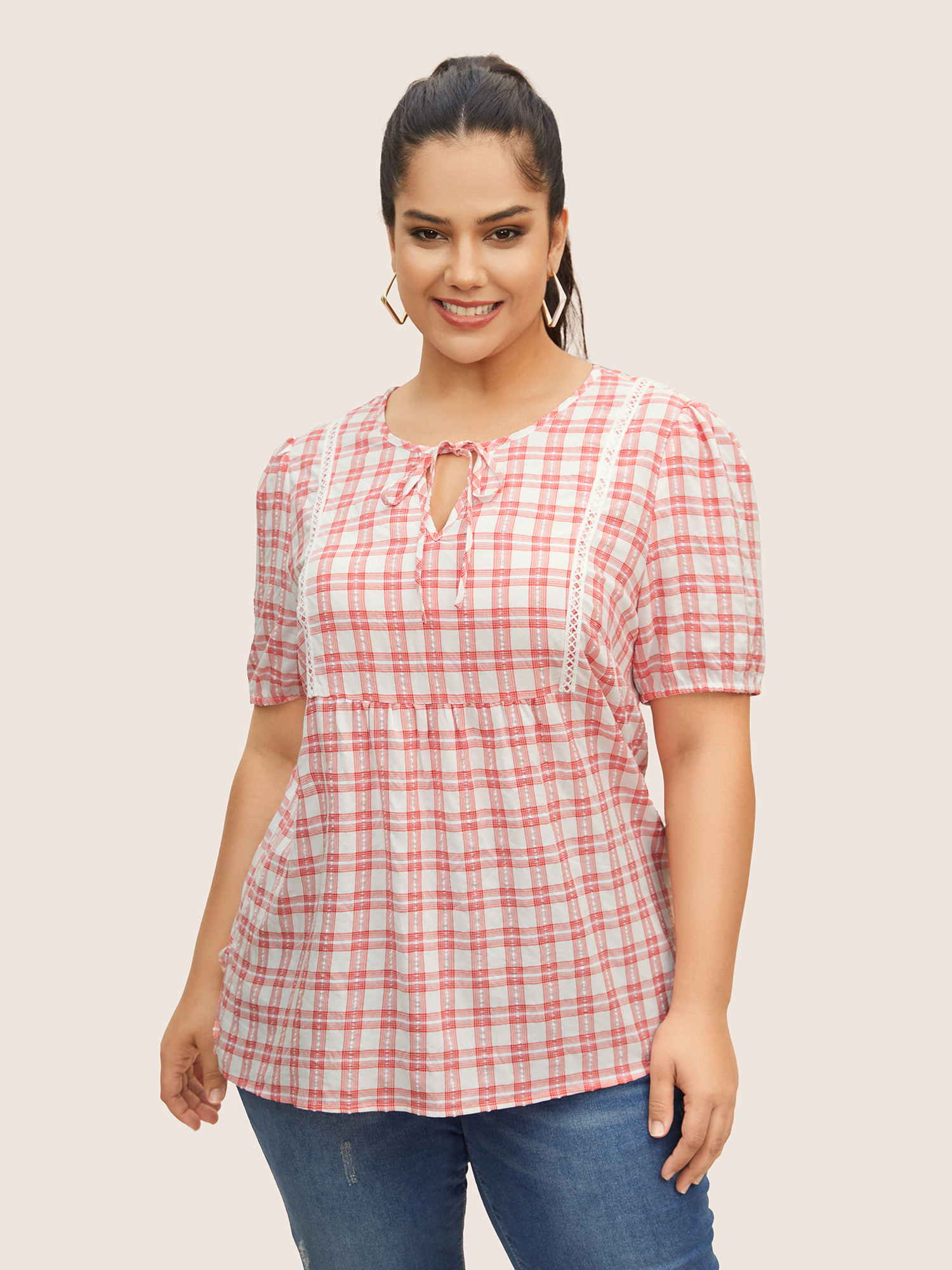 

Plus Size Brightred Plaid Tie Knot Lantern Sleeve Blouse Women Casual Short sleeve Round Neck Everyday Blouses BloomChic