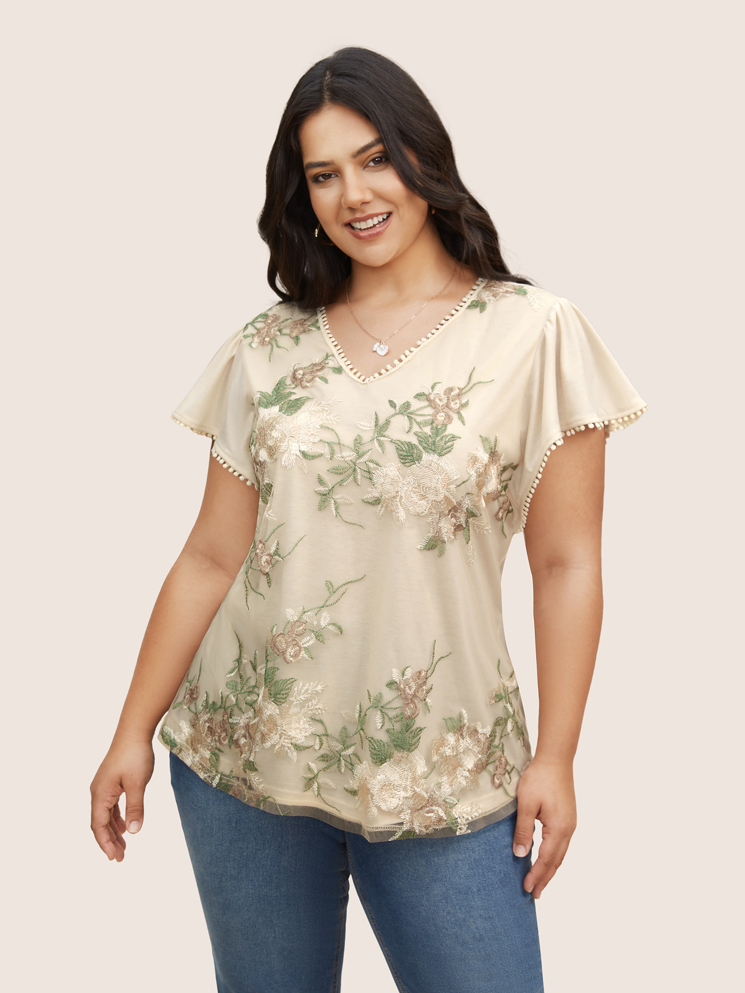 

Plus Size Floral Mesh Embroidered Pompom Trim T-shirt Beige Women Elegant Contrast Natural Flowers V-neck Everyday T-shirts BloomChic