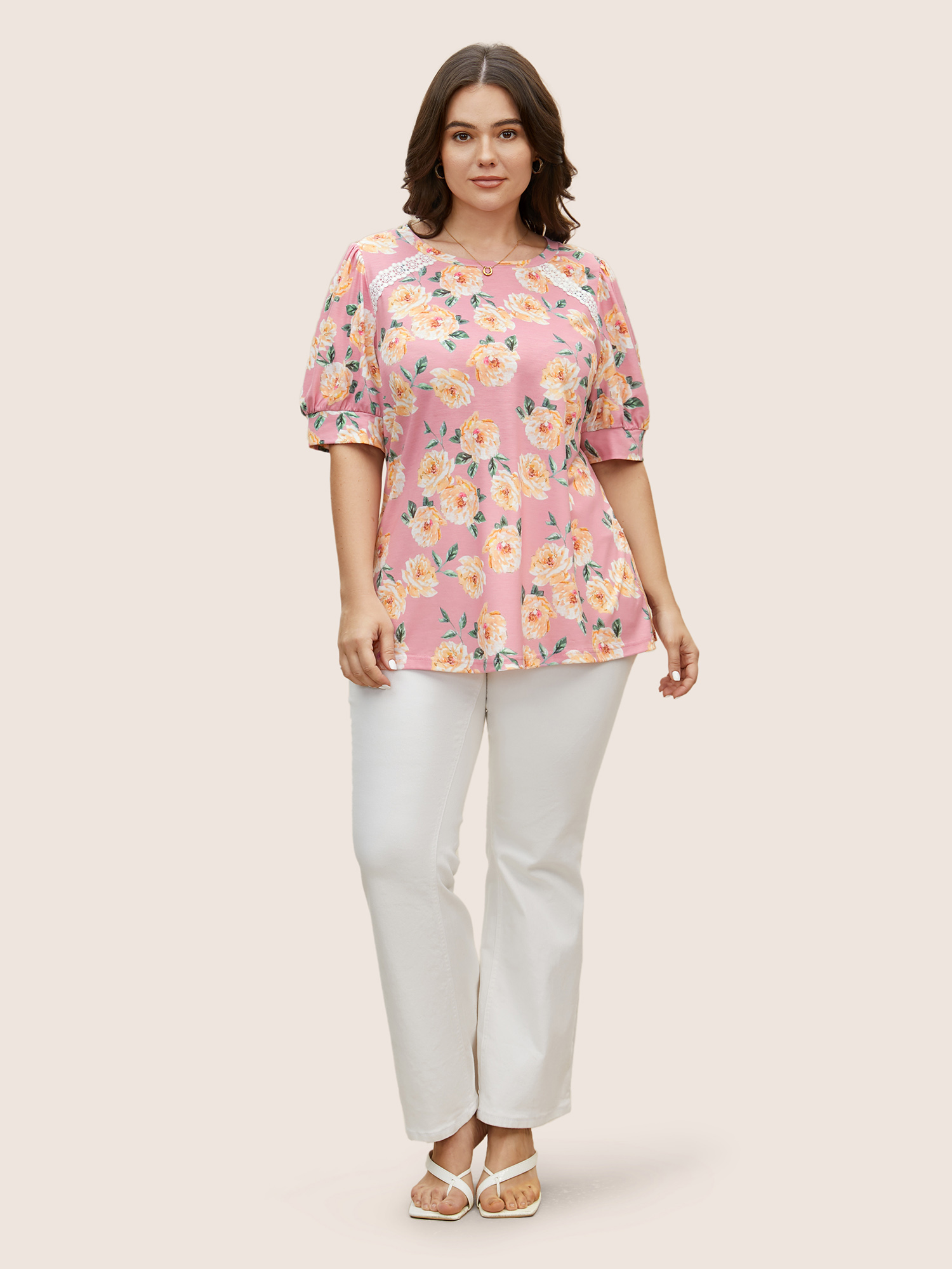 Plus Size Natural Flowers Lace Panel Lantern Sleeve T-shirt Dirtypink Women Elegant Contrast Natural Flowers Round Neck Everyday T-shirts BloomChic 28/5X 